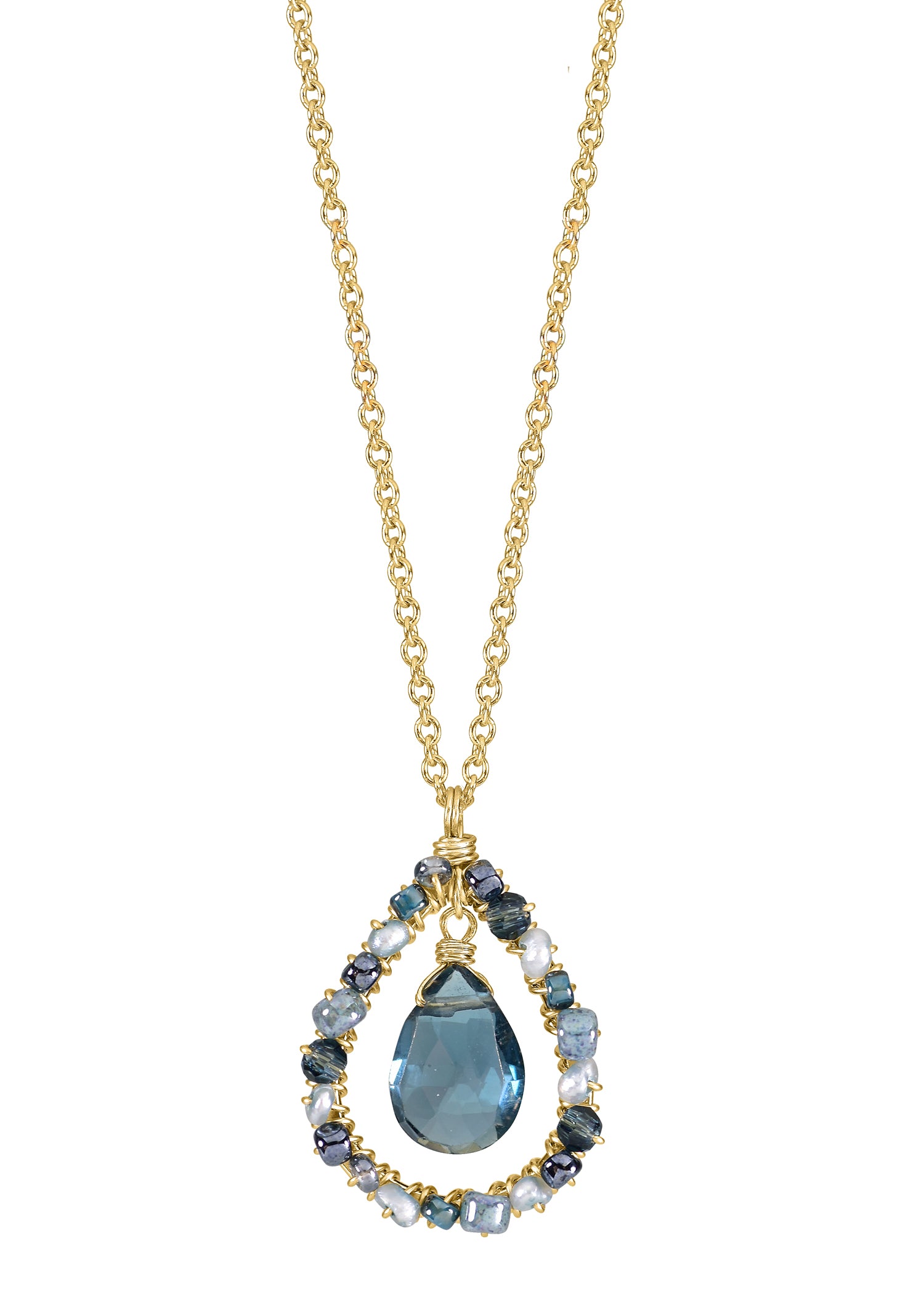 London blue topaz Freshwater pearl Crystal Seed beads 14k gold fill Necklace measures 16" in length Pendant measures 5/8" in length and 1/2" in width at the widest point Handmade in our Los Angeles studio