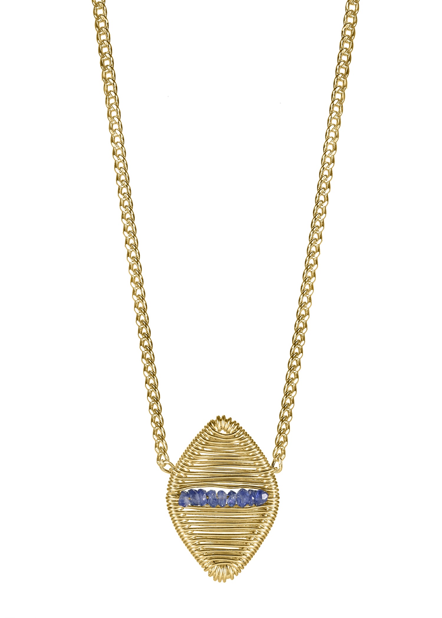 Blue sapphire 14k gold fill Necklace measures 16" in length Pendant measures 5/8" in length and 3/8" in width at the widest point Handmade in our Los Angeles studio