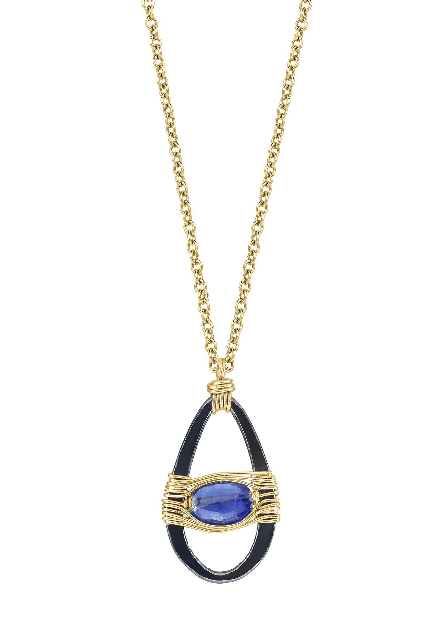Kyanite Blackened sterling silver 14k gold fill Mixed metal Necklace measures 16" in length Pendant measures 5/8" in length and 3/8" in width at the widest point Handmade in our Los Angeles studio