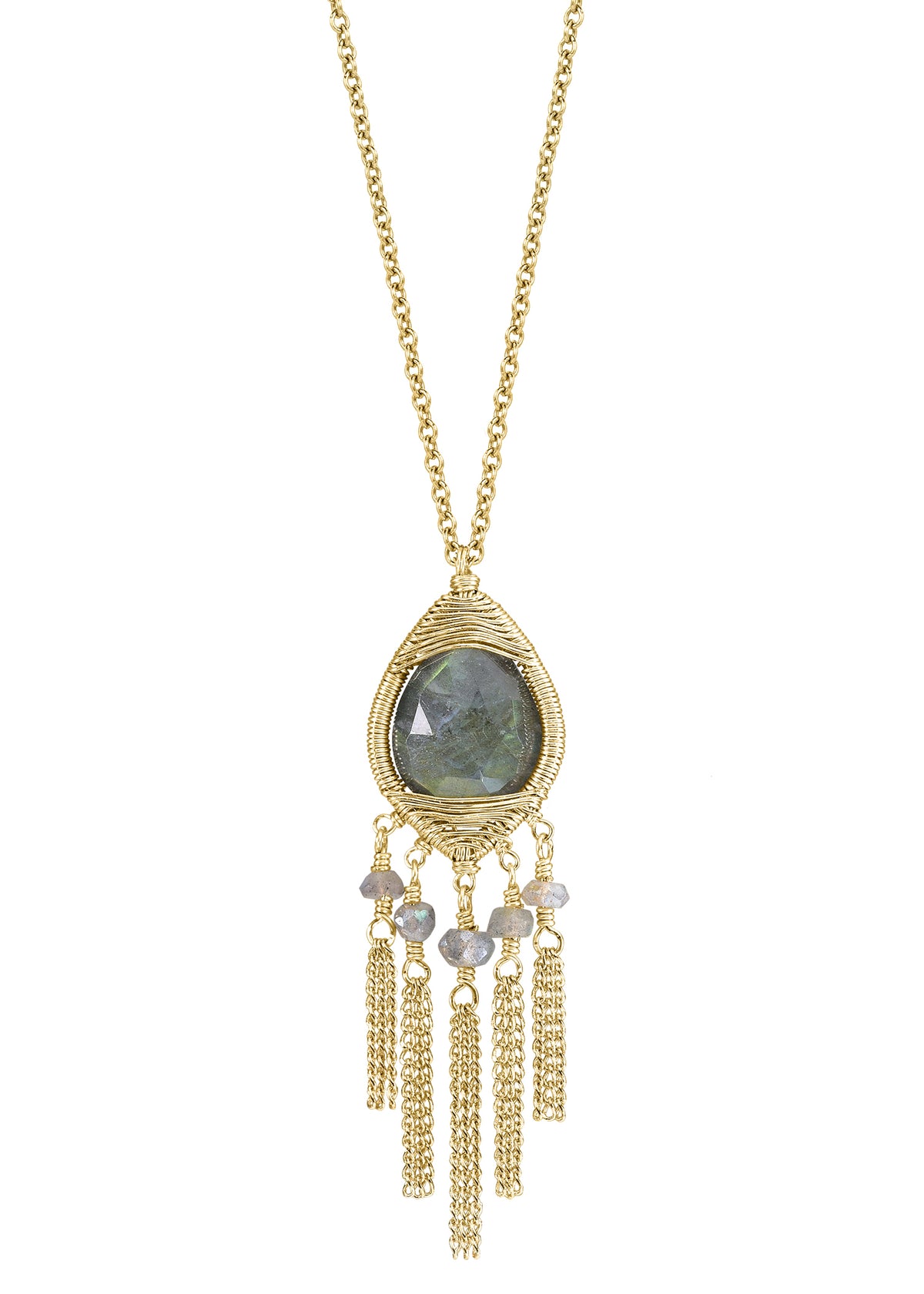 Labradorite 14k gold fill Necklace measures 18&quot; in length Pendant measures 1-3/4&quot; in length and 5/8&quot; in width across the widest point Handmade in our Los Angeles studio