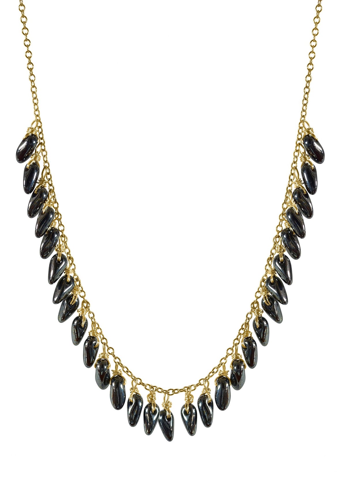 Hematite glass bead necklace with hand wire-wrapped pendants on an 18-inch 14k gold fill chain.