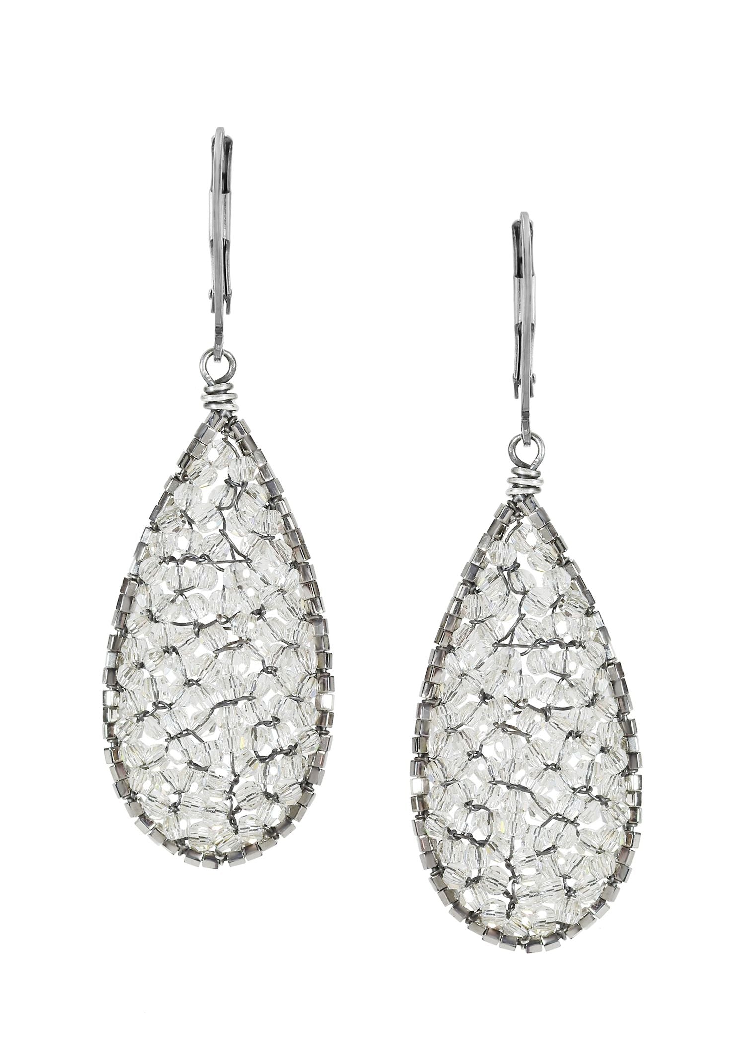 Nora earrings with crystal hematite seed beads in sterling silver, featuring a hand wire-wrapped teardrop mosaic design.