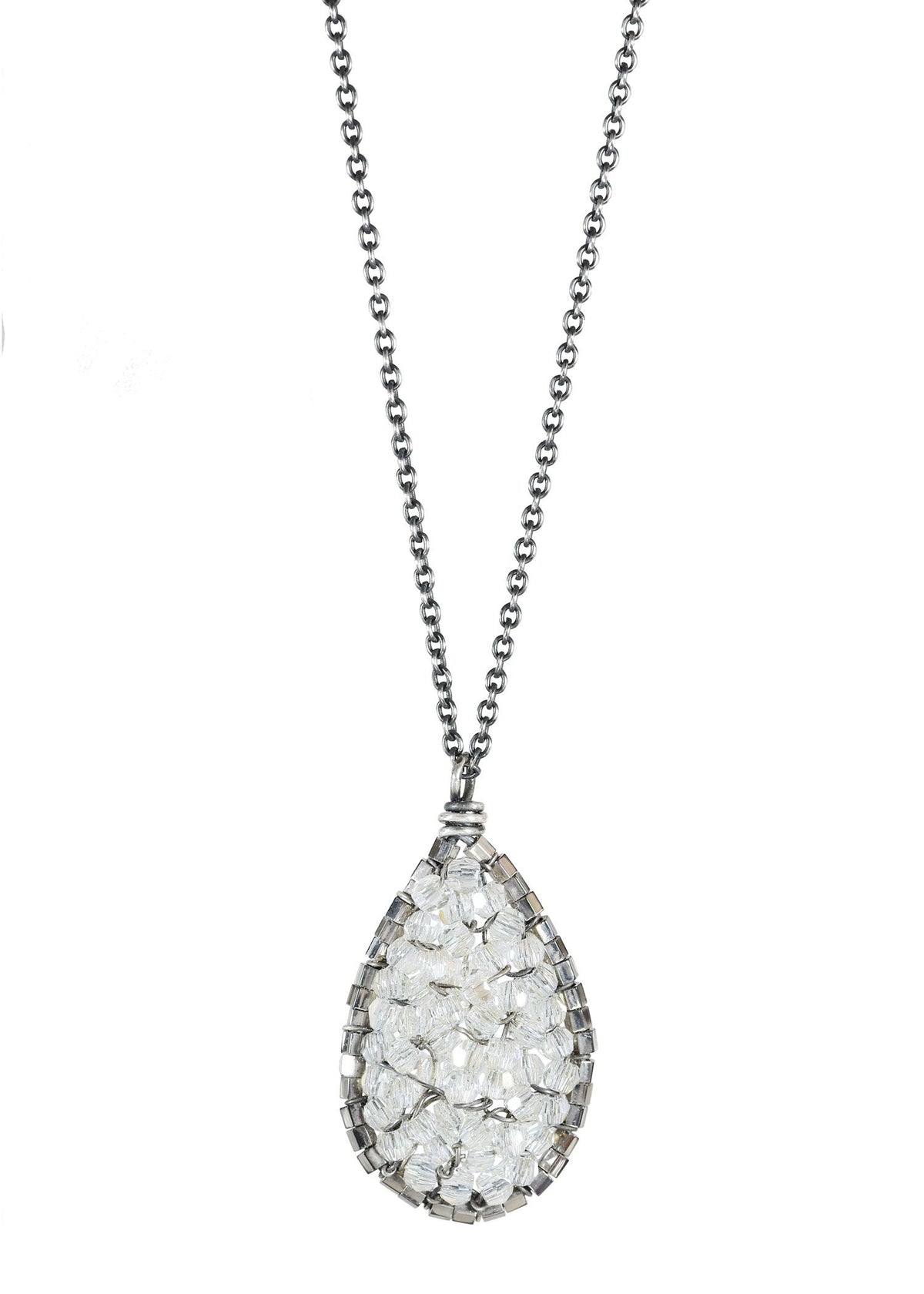 Nora necklace with crystal and gunmetal seed beads in a sterling silver teardrop mosaic pendant on a silver chain.