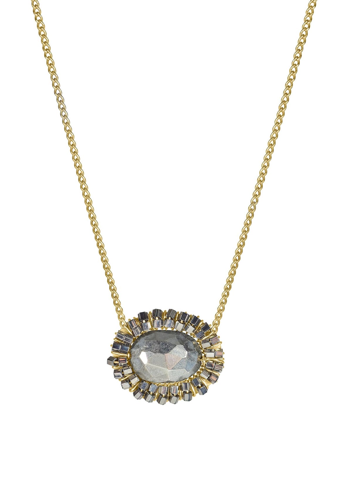 Nova necklace with silver pyrite center, gunmetal seed beads, and 14k gold fill chain on a 16-inch length.
