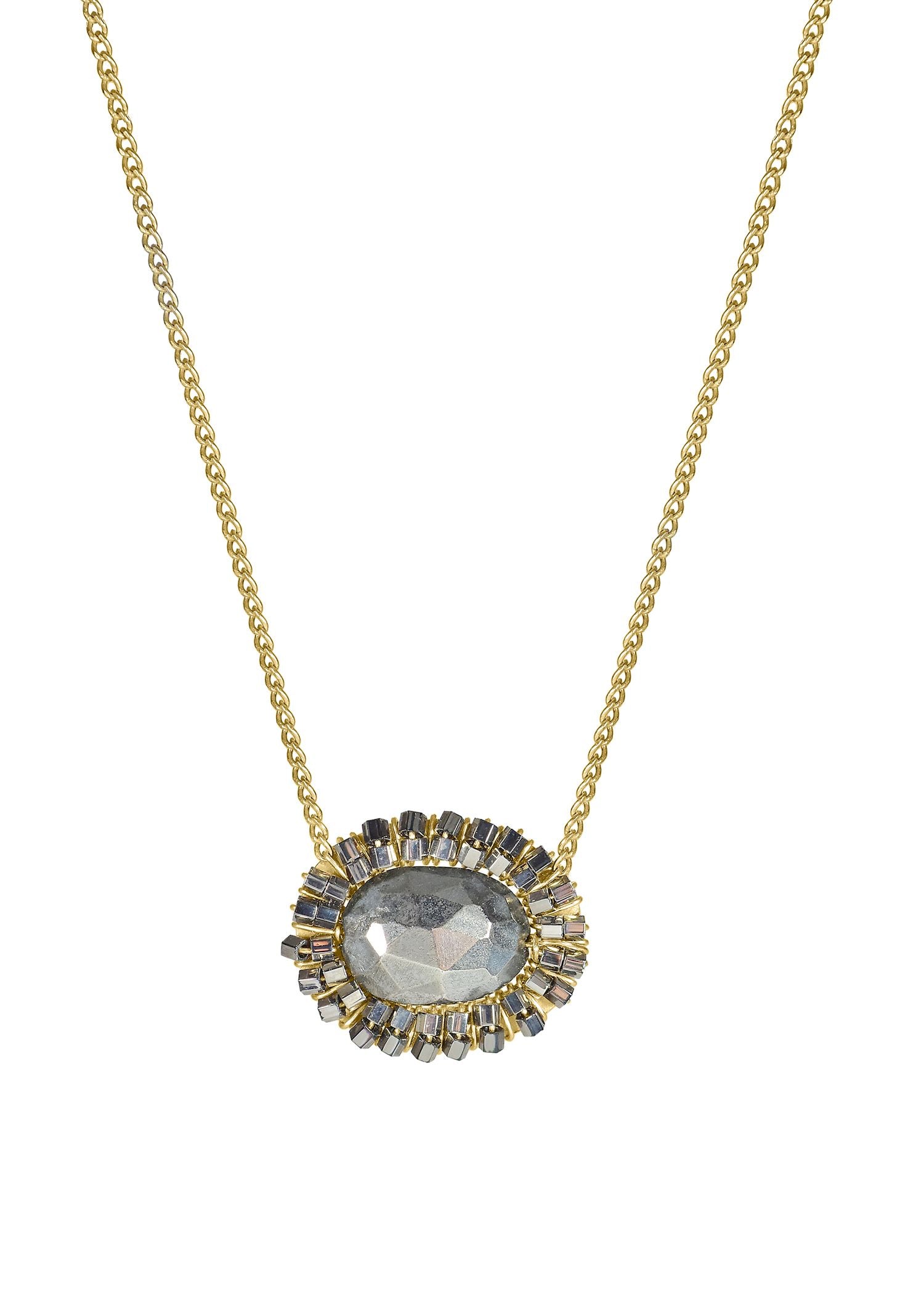 Nova necklace with silver pyrite center, gunmetal seed beads, and 14k gold fill chain on a 16-inch length.