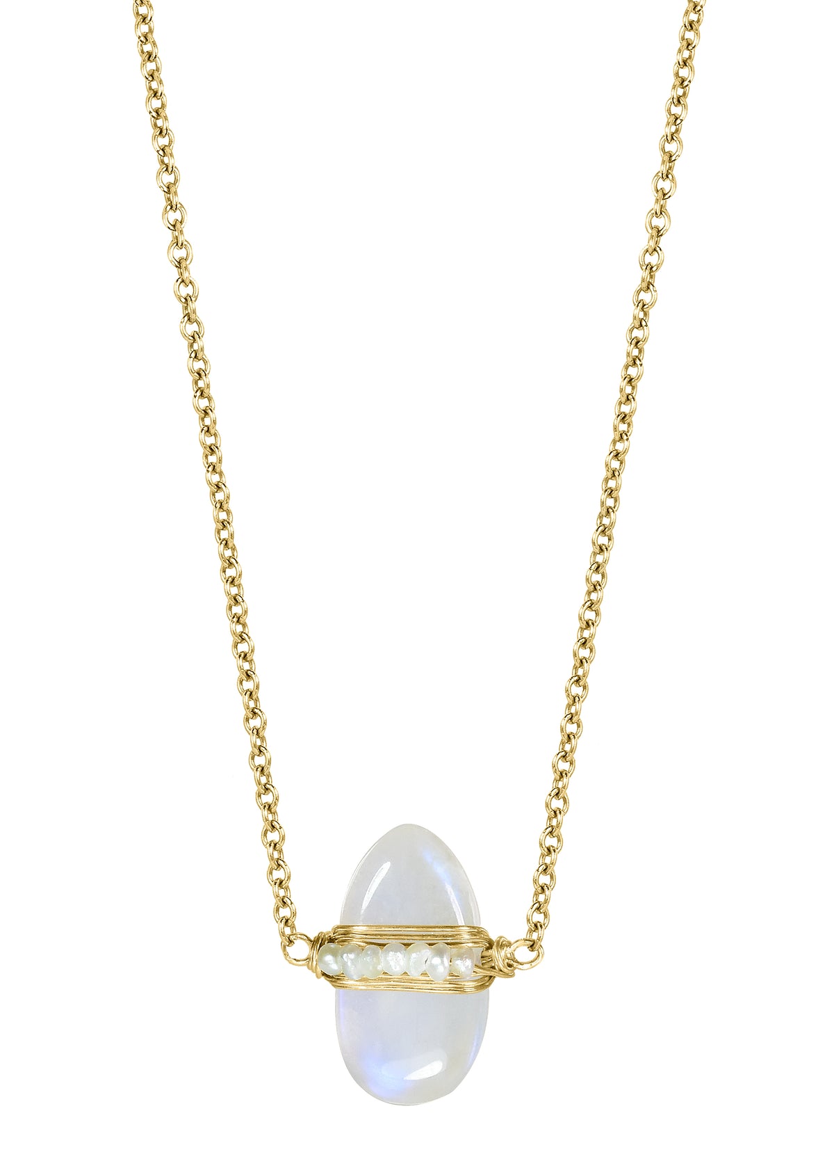 Rainbow moonstone Freshwater pearl 14k gold fill Necklace measures 16-1/4&quot; in length Pendant measures 1/2&quot; in length and 5/16&quot; in width at the widest point Handmade in our Los Angeles studio