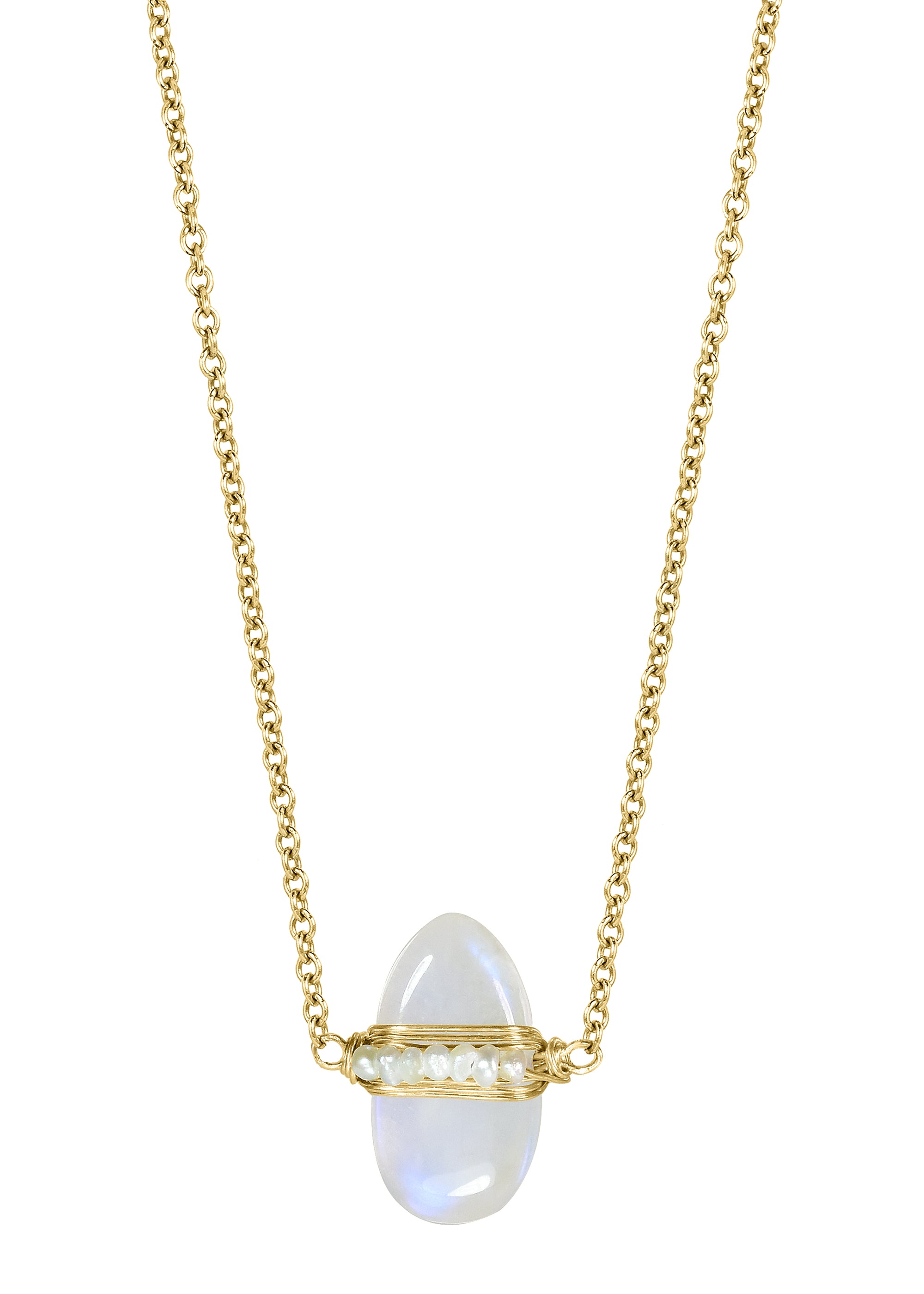 Rainbow moonstone Freshwater pearl 14k gold fill Necklace measures 16-1/4" in length Pendant measures 1/2" in length and 5/16" in width at the widest point Handmade in our Los Angeles studio
