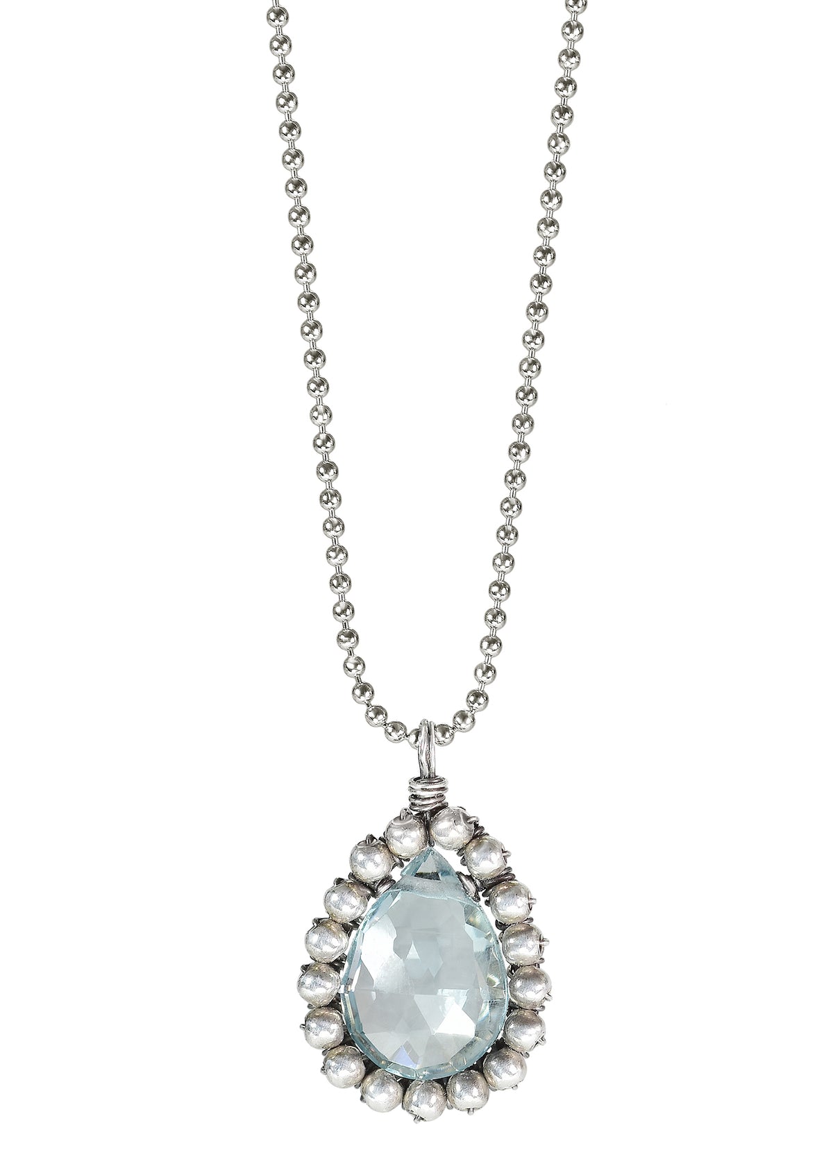 Aqua quartz Sterling silver Necklace measures 16&quot; in length Pendant measures 5/8&quot; in length and 7/16&quot; in width at the widest point Handmade in our Los Angeles studio