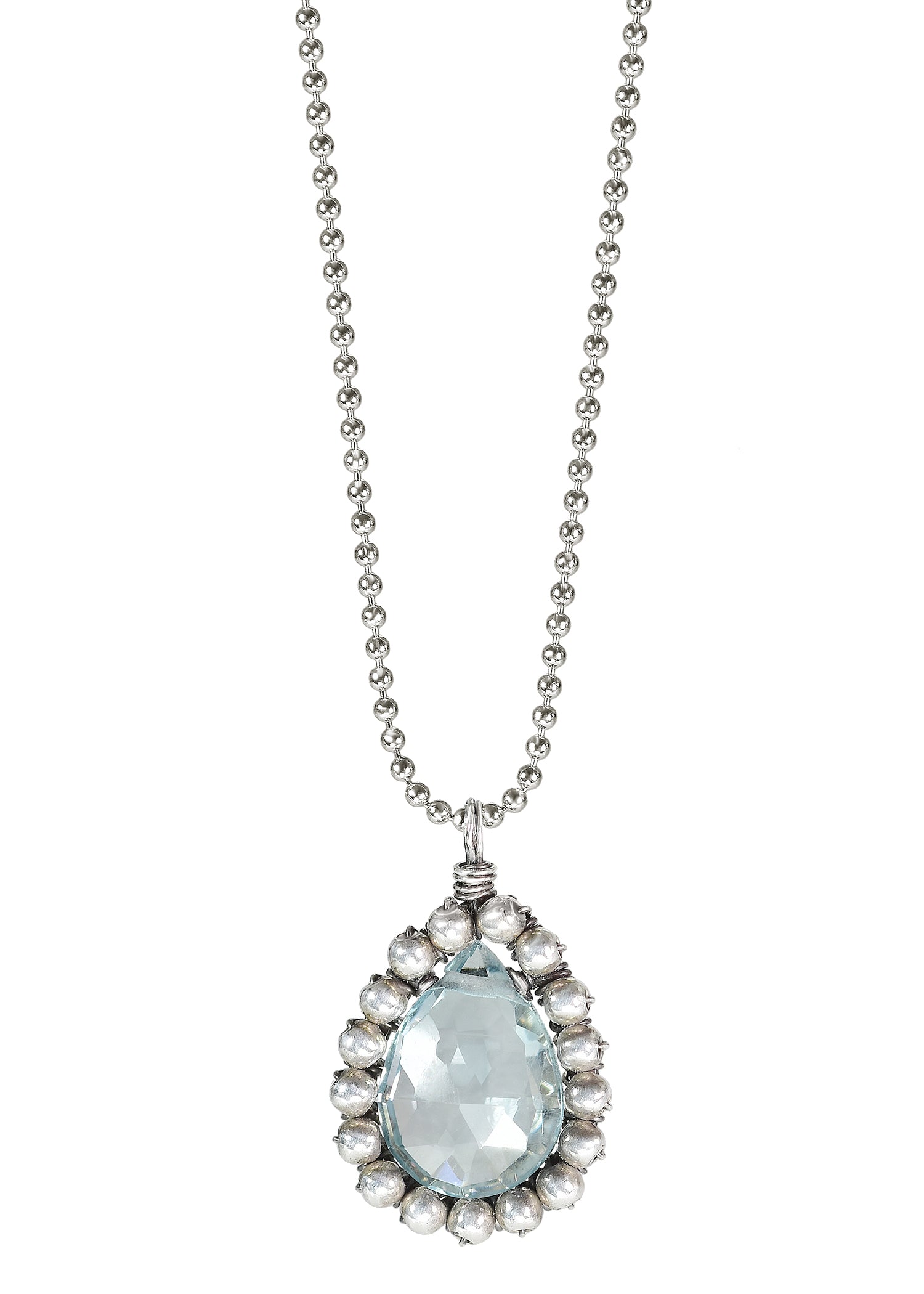 Aqua quartz Sterling silver Necklace measures 16" in length Pendant measures 5/8" in length and 7/16" in width at the widest point Handmade in our Los Angeles studio