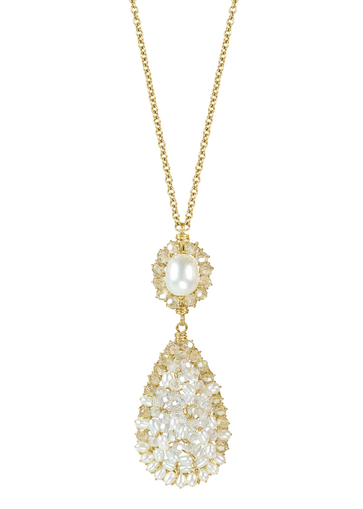 Crystal Freshwater pearl 14k gold fill Chain measures 18&quot; in length Pendant measures 1-7/16&quot; in length and 9/16&quot; in width at the widest point Handmade in our Los Angeles studio