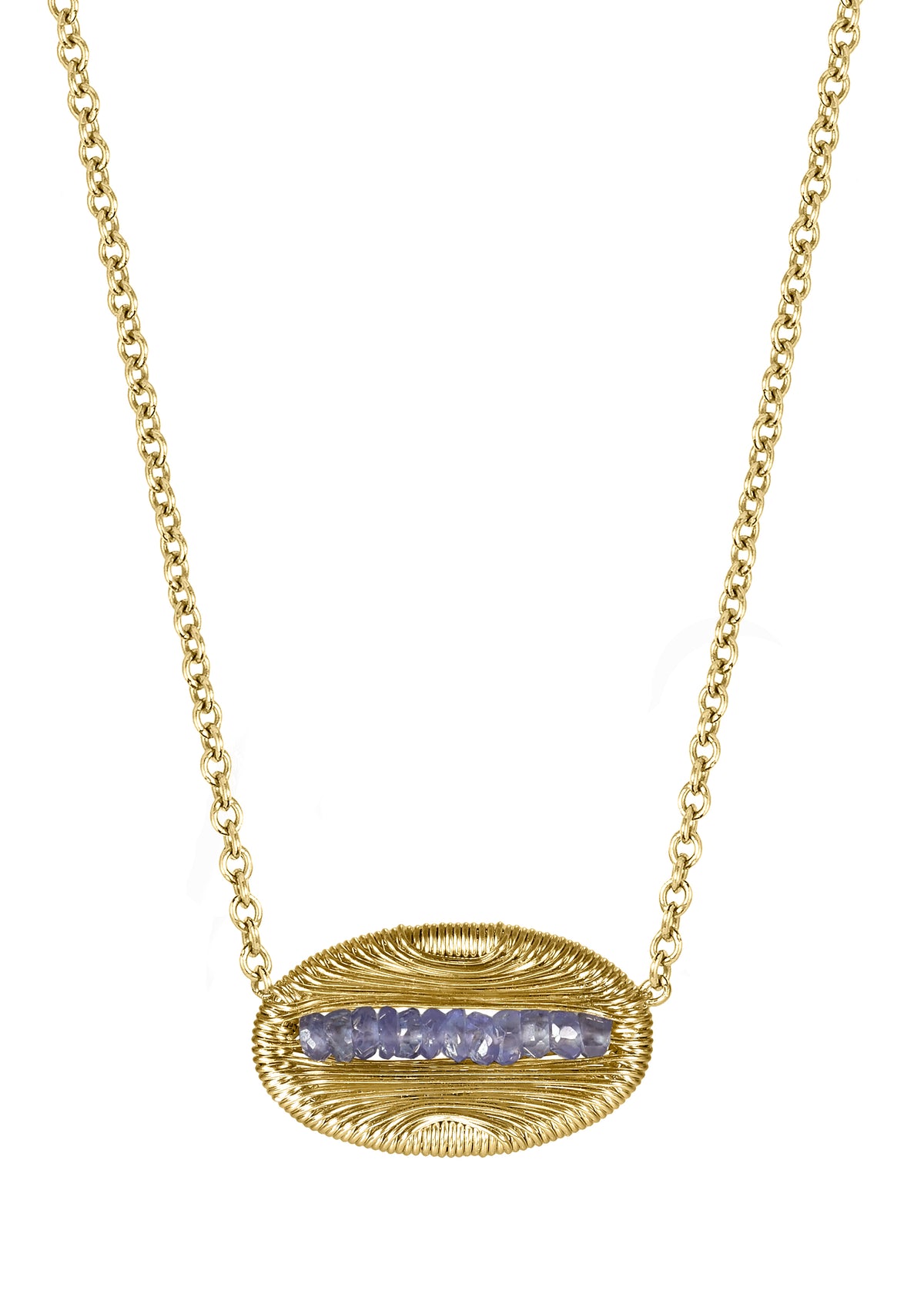 Blue sapphire 14k gold fill Necklace measures 16&quot; in length Pendant measures 3/8&quot; in length and 5/8&quot; in width Handmade in our Los Angeles studio