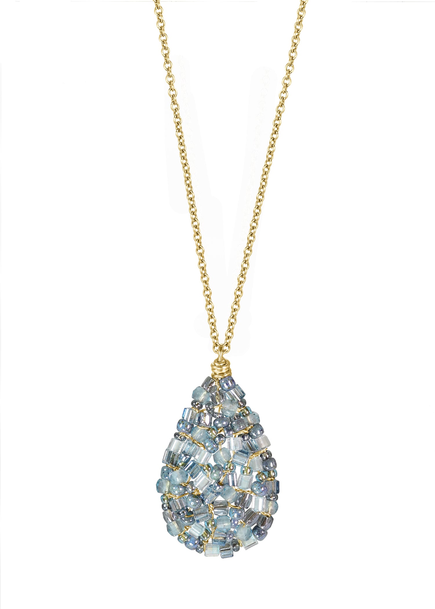 Aqua quartz Seed beads 14k gold fill Necklace measures 16" in length Pendant measures 1" in length and 5/8" in width at the widest point Handmade in our Los Angeles studio