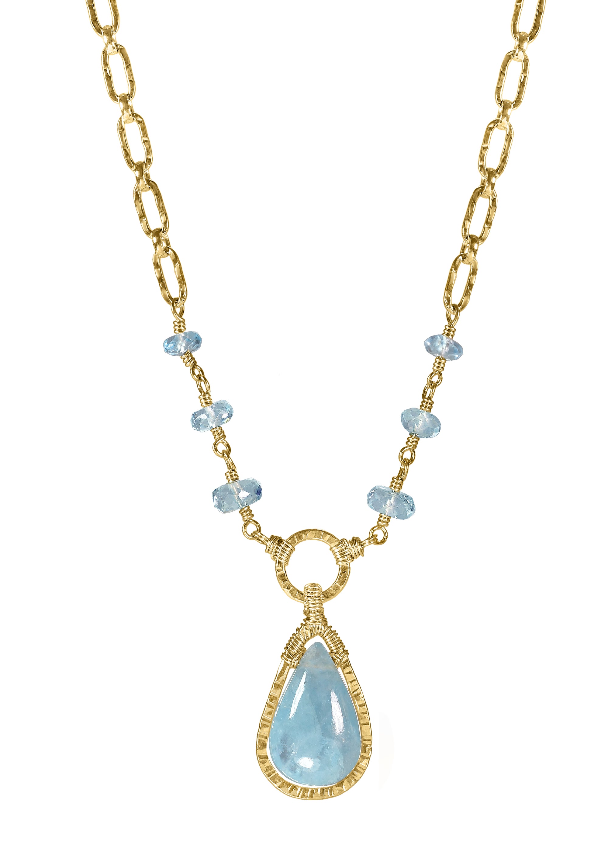 Aquamarine 14k gold fill Necklace measures 17-3/4" in length Pendant measures 3/4" in length and 3/8" in width at the widest point Handmade in our Los Angeles studio