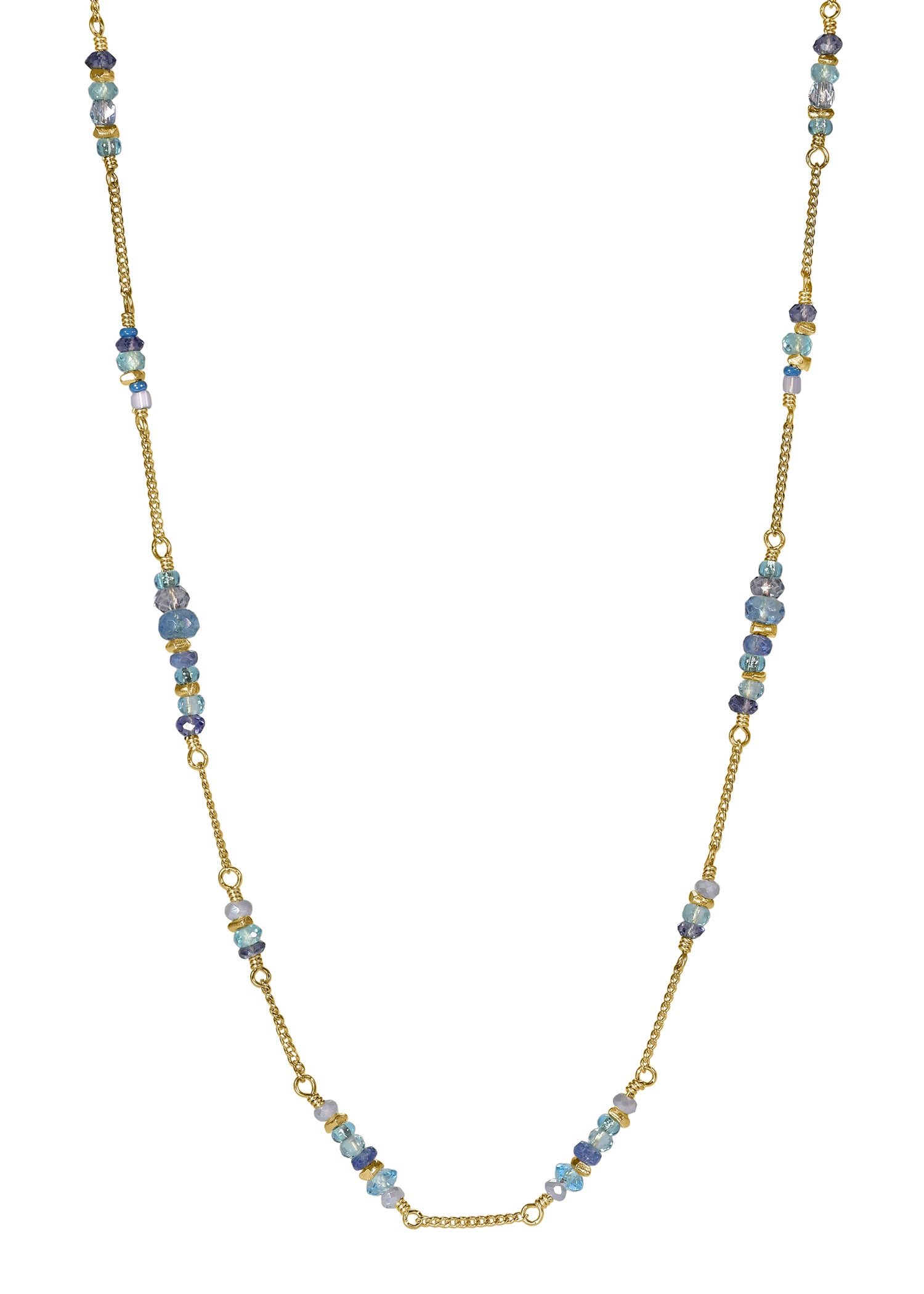 Aquamarine Blue sapphire Lolite Apatite Blue quartz Seed beads Crystal 14k gold fill Necklace measures 18" in length Handmade in our Los Angeles studio