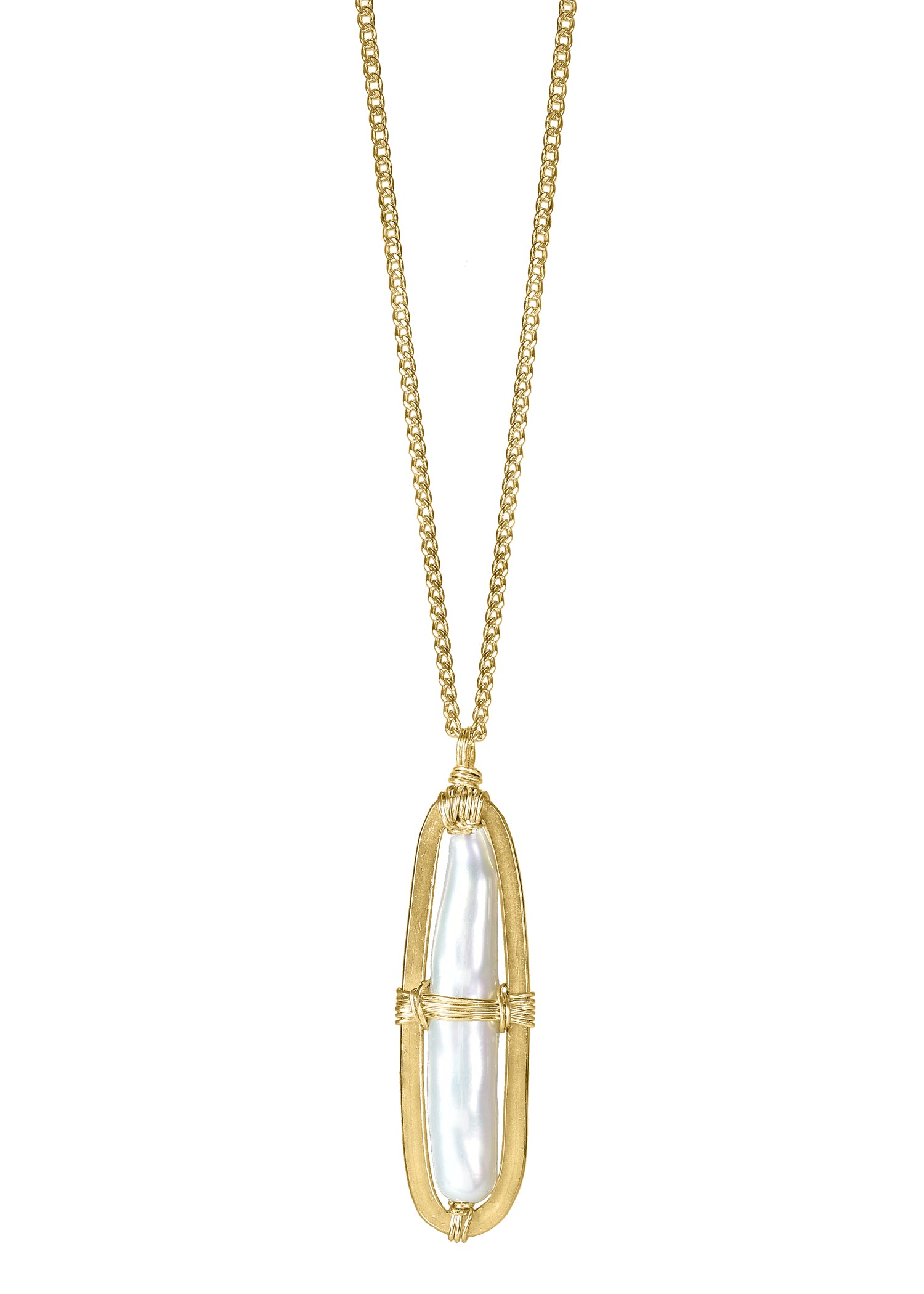 Freshwater pearl 14k gold fill Necklace measures 18" Pendant measures 7/8" in length and 5/16" in width Handmade in our Los Angeles studio