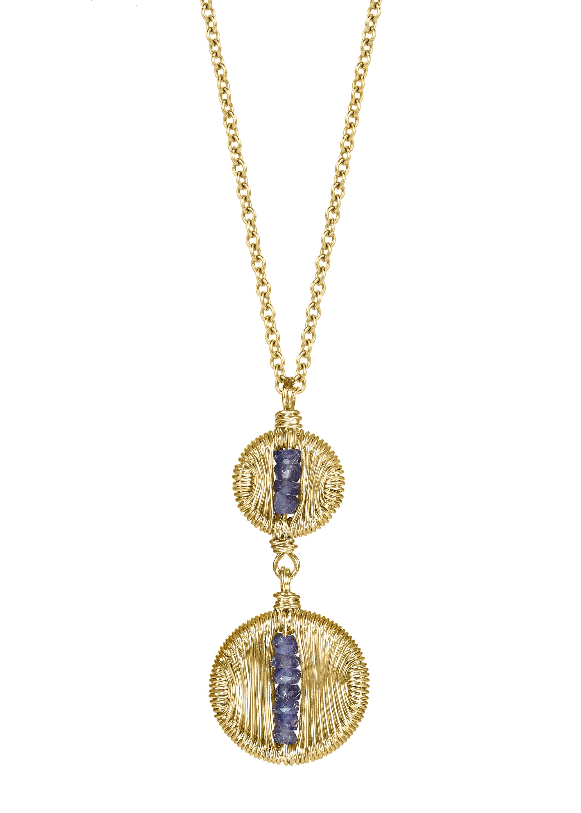 Blue sapphire 14k gold fill Necklace measures 17" in length Pendants measure 1/4" D (top) and 3/8" D (bottom) Handmade in our Los Angeles studio