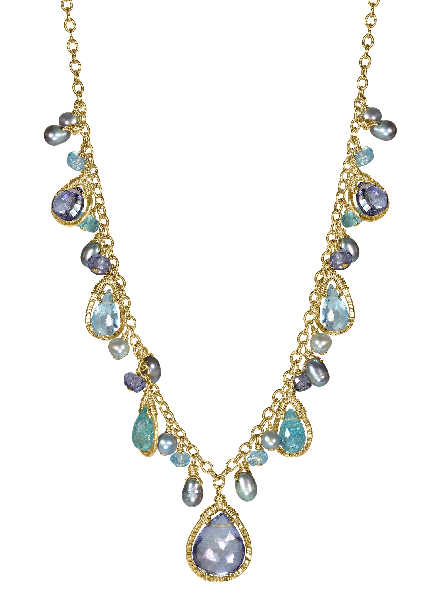 Blue quartz Apatite Blue topaz Lolite Freshwater pearl 14k gold fill Necklace measures 17" in length Pendants measure 5/16" in length and 1/4" in width (x2), 3/8" in length and 1/4" in width (x4), 1/2" in length and 3/8" in width (x1) Handmade in our Los Angeles studio