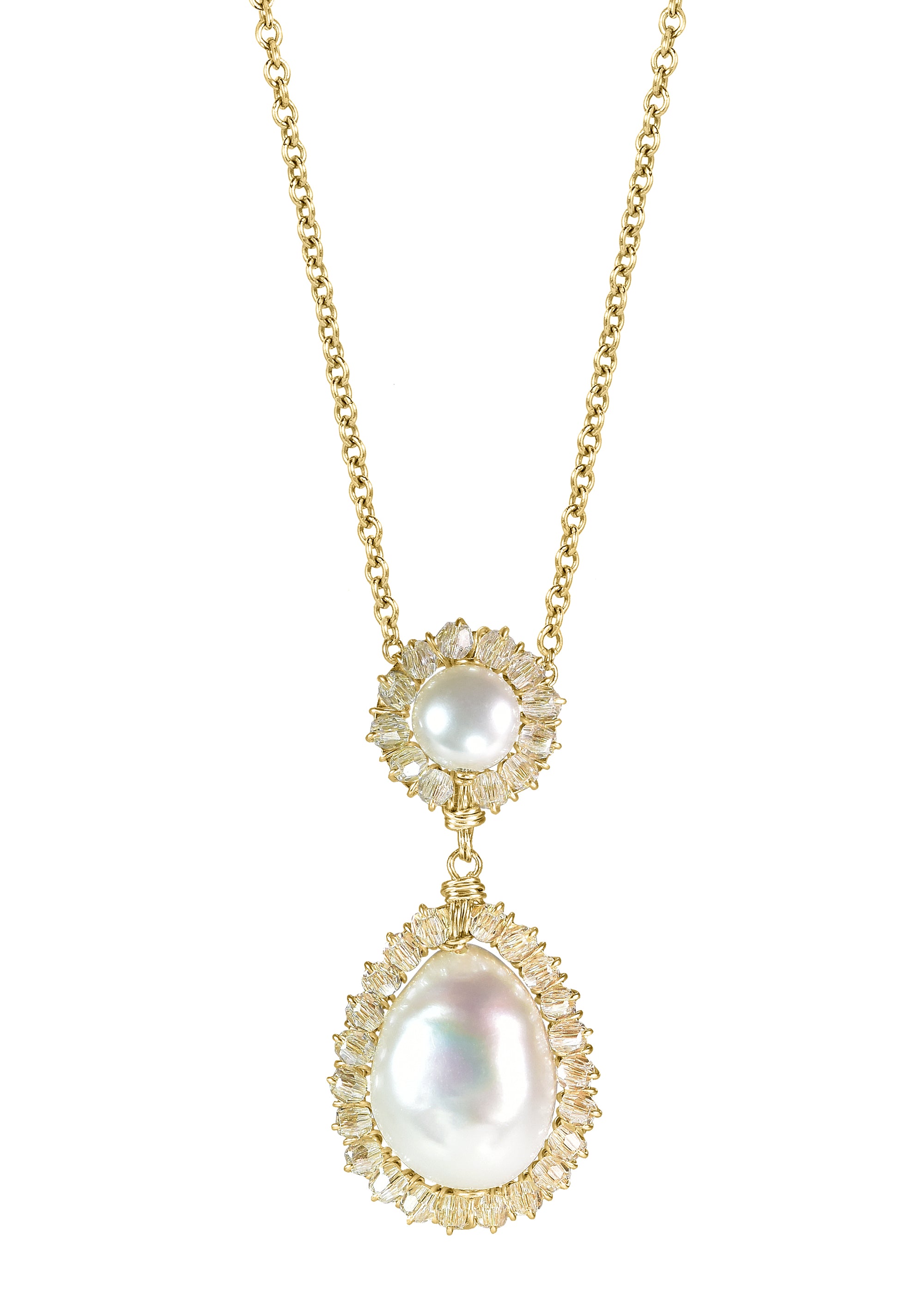 Crystal Freshwater pearl 14k gold fill Necklace measures 16-1/8" in length Pendant measures 1-1/8" in length and 1/2" in width at the widest point Handmade in our Los Angeles studio
