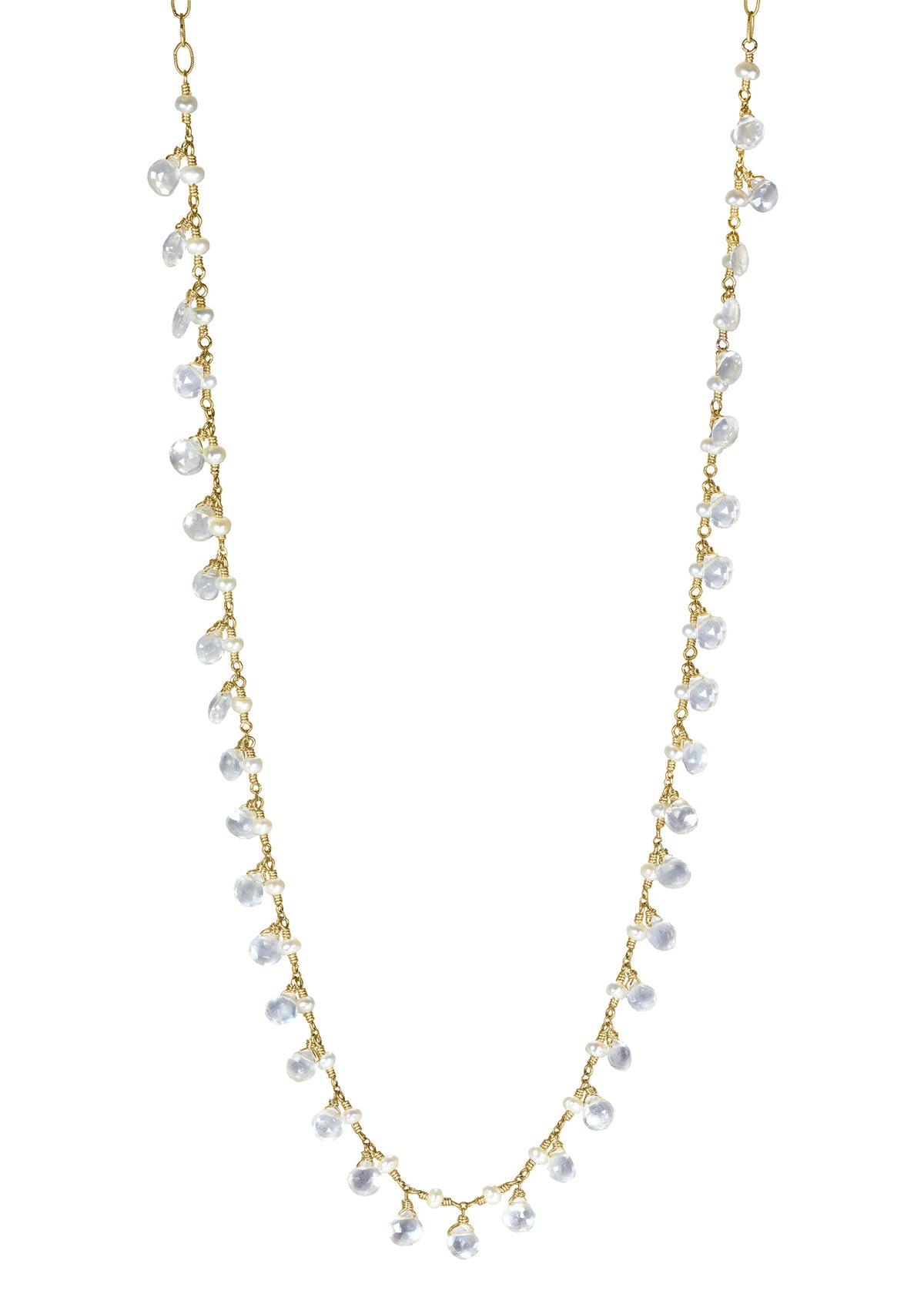 White moonstone Freshwater pearl 14k gold fill Necklace measures 18-1/4&quot; in length (including a 3&quot; extender) Moonstone drops measure 3/16&quot; Handmade in our Los Angeles studio