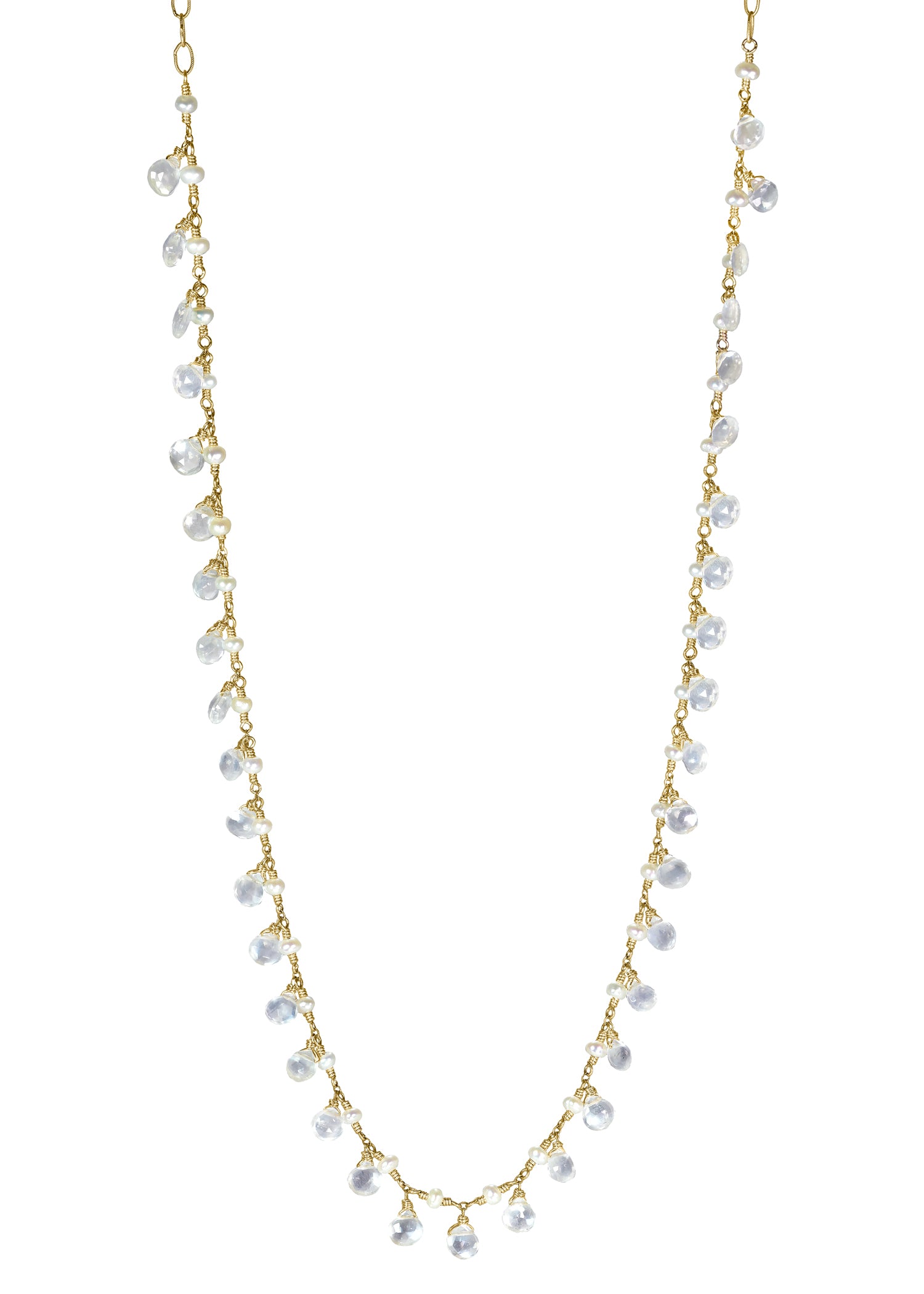 White moonstone Freshwater pearl 14k gold fill Necklace measures 18-1/4" in length (including a 3" extender) Moonstone drops measure 3/16" Handmade in our Los Angeles studio