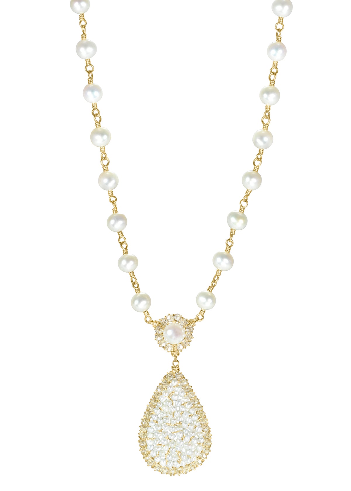 Crystal Freshwater pearl 14k gold fill Necklace measures 18&quot; (including a 2&quot; extender) Pendant measures 1-5/8&quot; in length and 11/16&quot; in width at the widest point Handmade in our Los Angeles studio