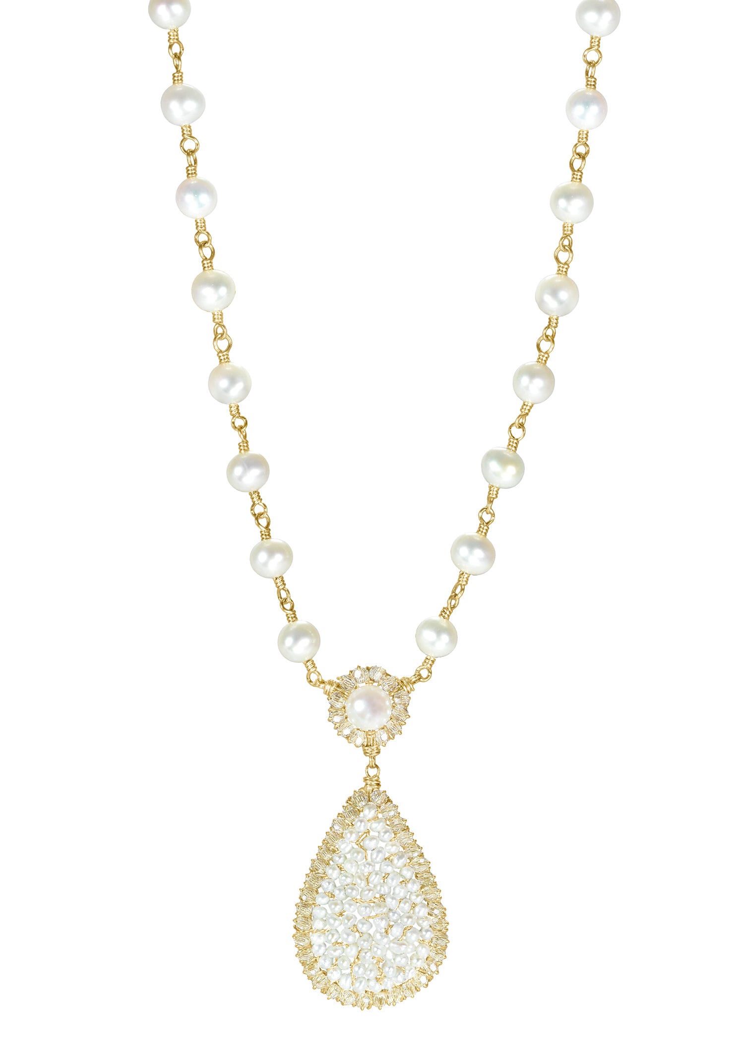Crystal Freshwater pearl 14k gold fill Necklace measures 18" (including a 2" extender) Pendant measures 1-5/8" in length and 11/16" in width at the widest point Handmade in our Los Angeles studio
