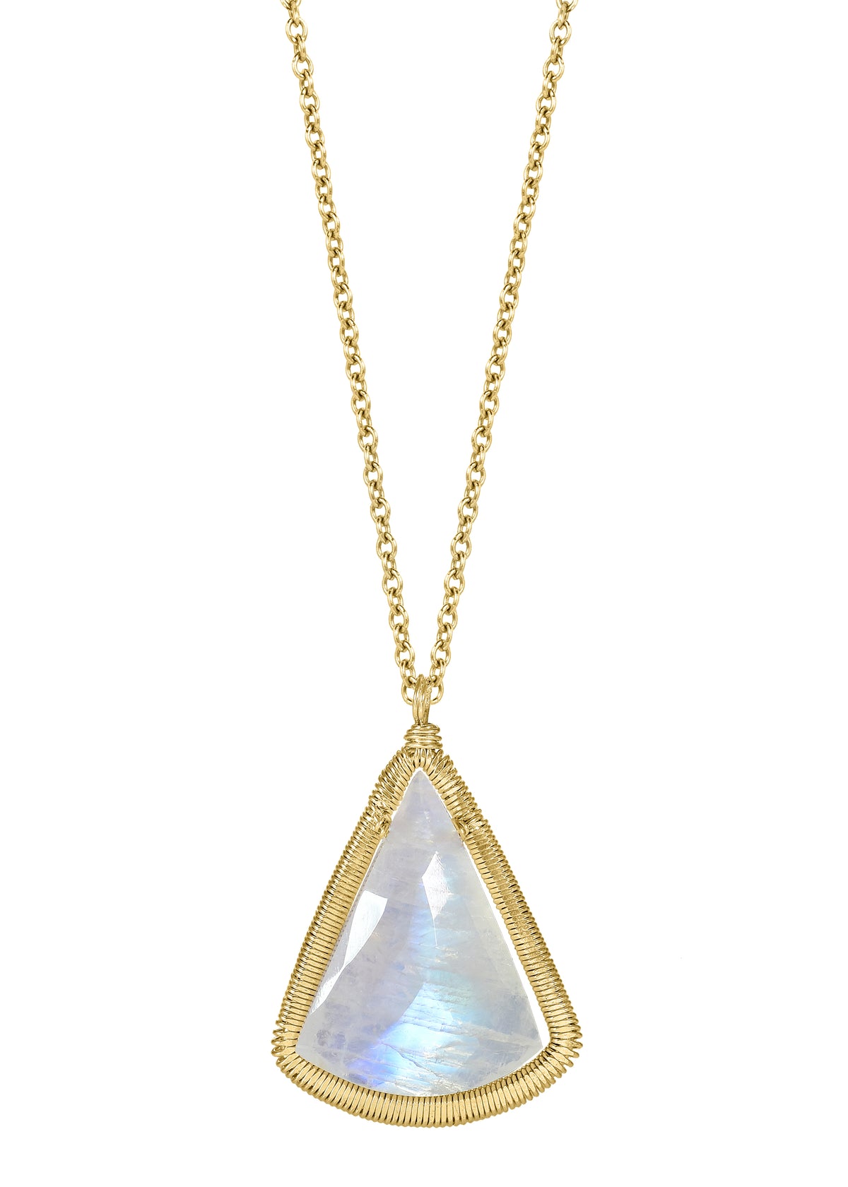 Rainbow moonstone 14k gold fill Necklace measures 17&quot; Pendant measures 13/16&quot; in length and 11/16&quot; in width at the widest point Handmade in our Los Angeles studio