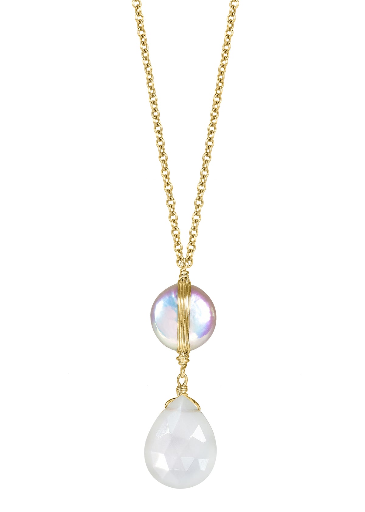 Freshwater pearl White moonstone 14k gold fill Necklace measures 16&quot; in length Pendant measures 1-1/8&quot; in length and 3/8&quot; in width at the widest point Handmade in our Los Angeles studio