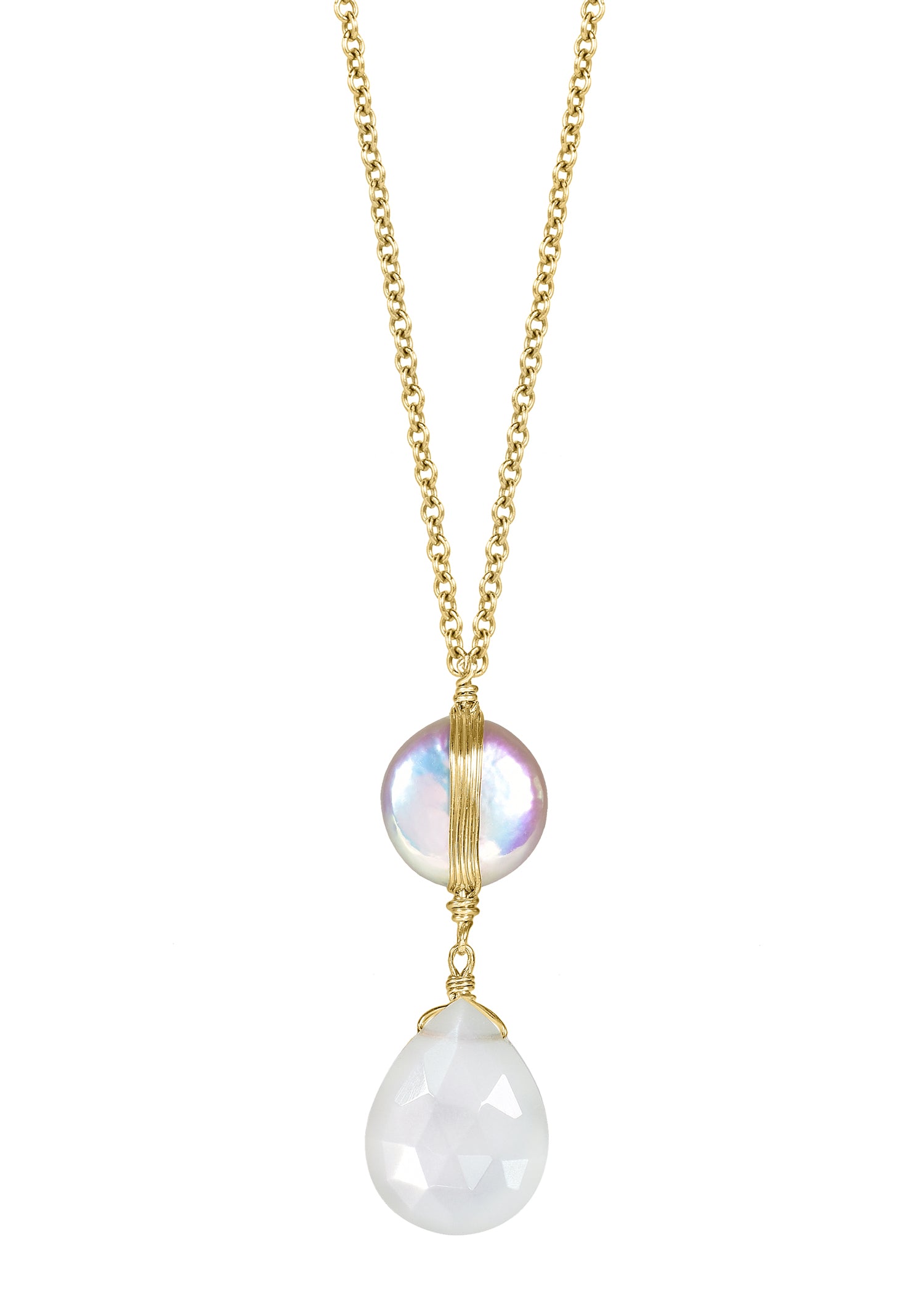 Freshwater pearl White moonstone 14k gold fill Necklace measures 16" in length Pendant measures 1-1/8" in length and 3/8" in width at the widest point Handmade in our Los Angeles studio