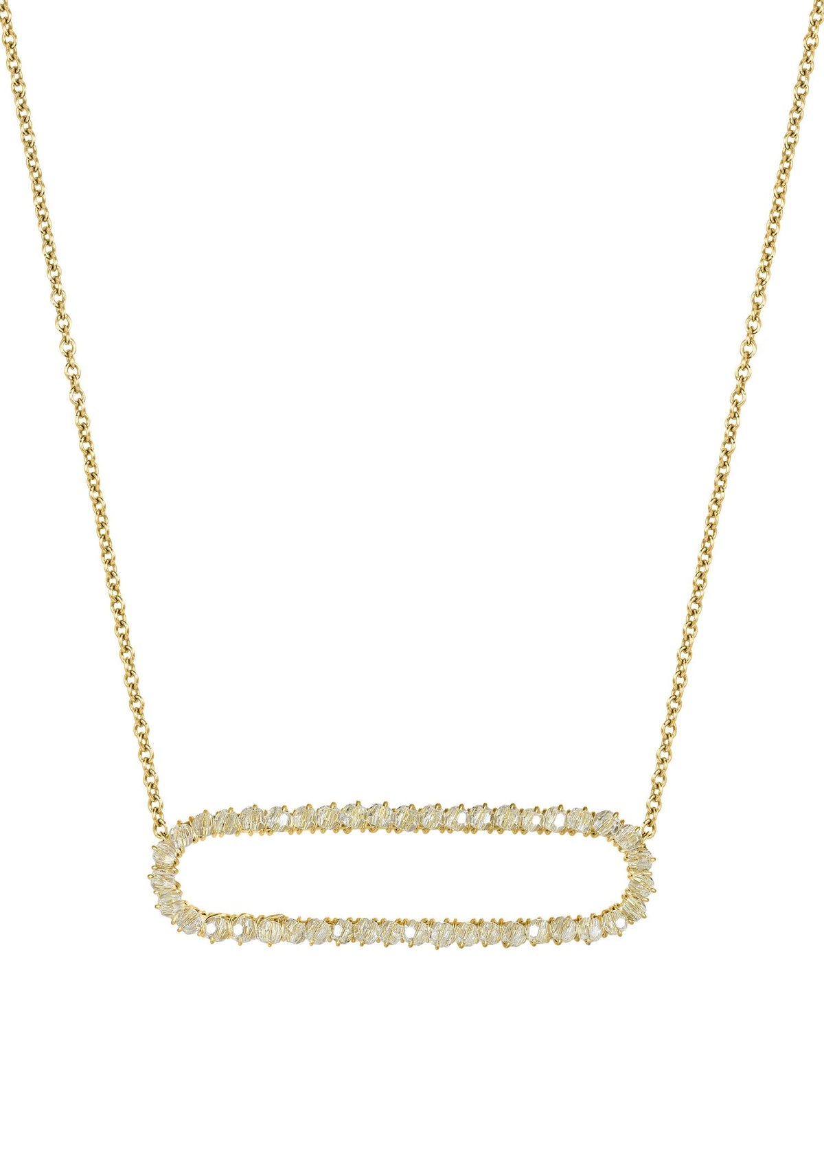 Crystal necklace in 14k gold fill with a delicate, oblong-shaped pendant on a 16-inch chain.