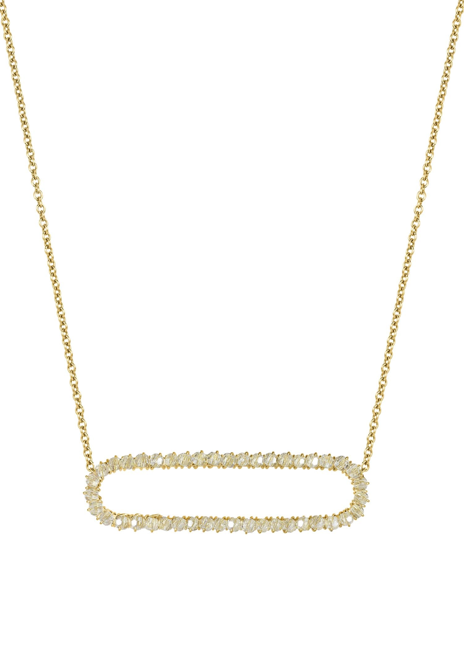 Crystal necklace in 14k gold fill with a delicate, oblong-shaped pendant on a 16-inch chain.