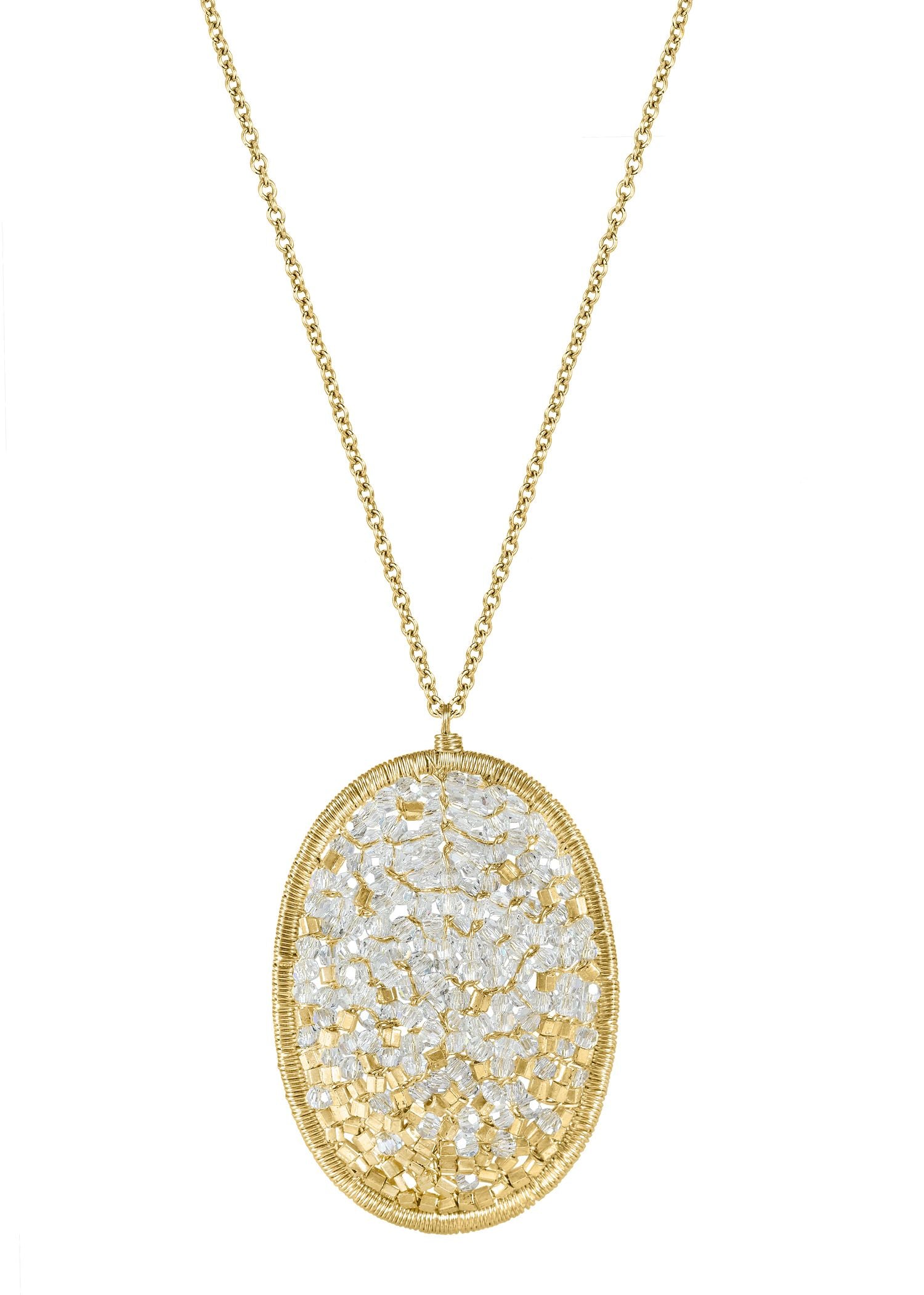 Crystal necklace with 14k gold fill, featuring a hand wire-wrapped oval pendant with an ombré design on a delicate chain.