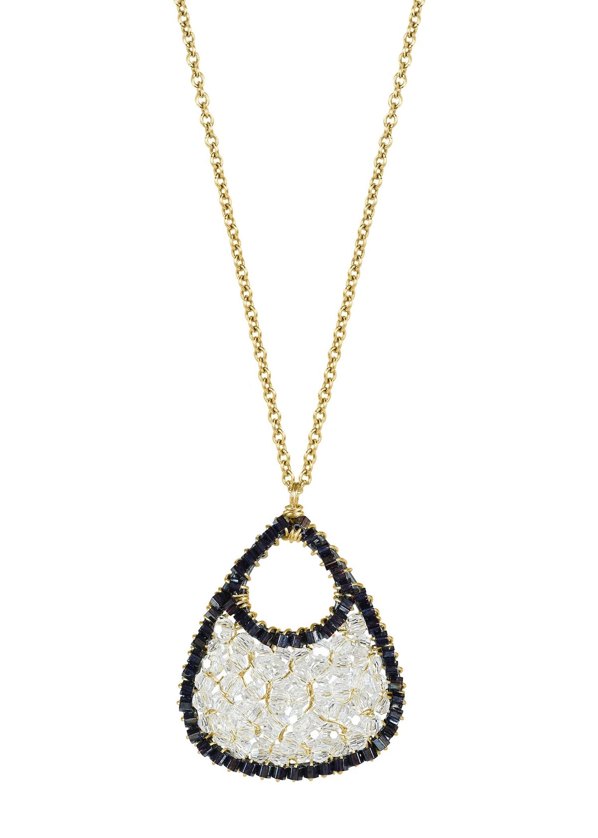 Open heart necklace with dark hematite seed beads and 14k gold fill chain, featuring a hand wire-wrapped mosaic design.