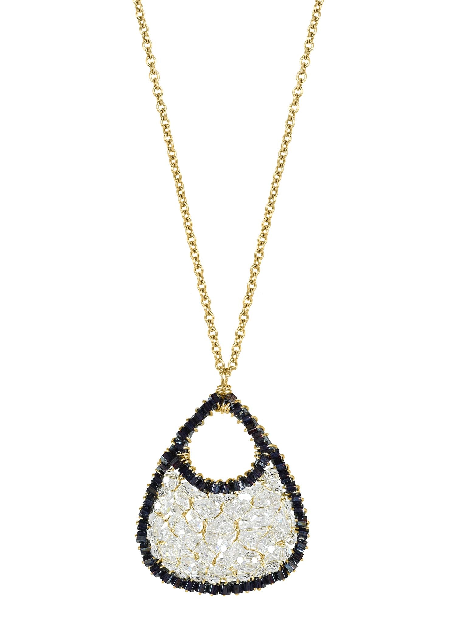 Open heart necklace with dark hematite seed beads and 14k gold fill chain, featuring a hand wire-wrapped mosaic design.
