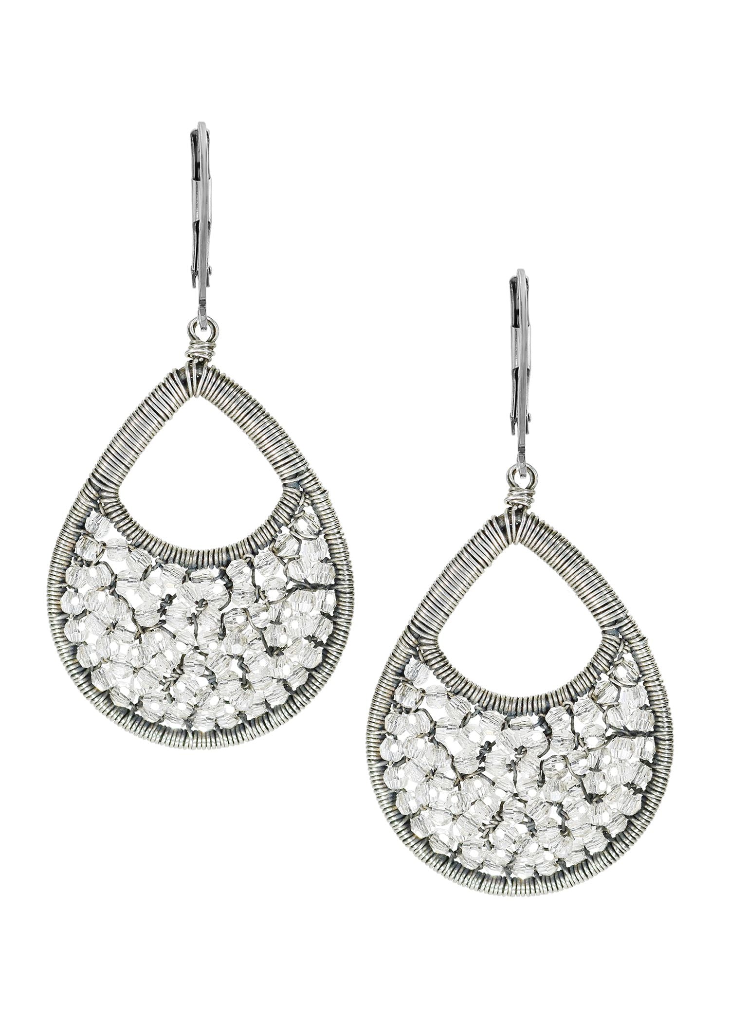 Crystal earrings in sterling silver, featuring a hand wire-wrapped teardrop frame with a shimmering mosaic design.