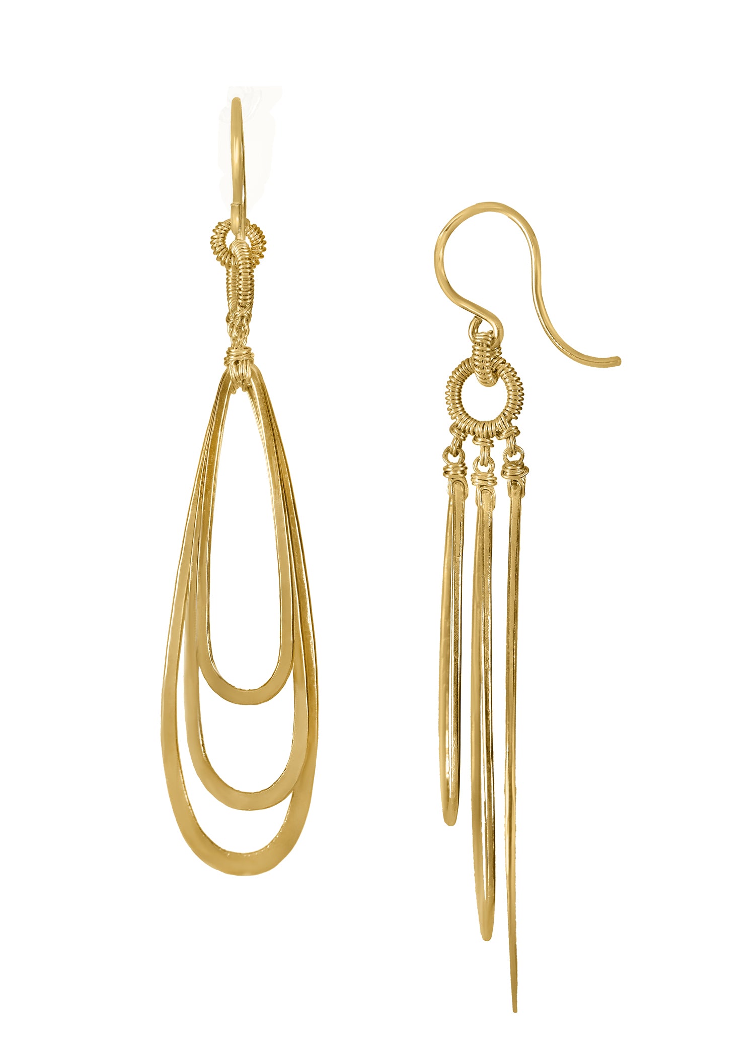 Earrings in 14k gold fill featuring graduated golden teardrops suspended from hand wire-wrapped, interlocking bails.