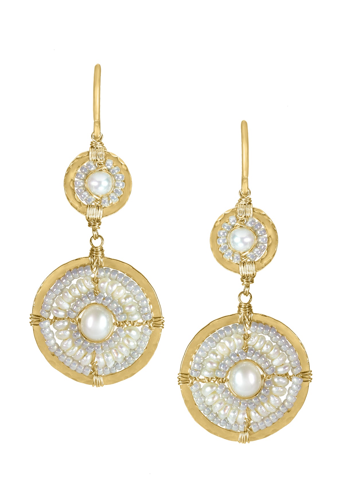 Freshwater pearl earrings in 14k gold fill with hand wire-wrapped seed beads in circular tiered drops.