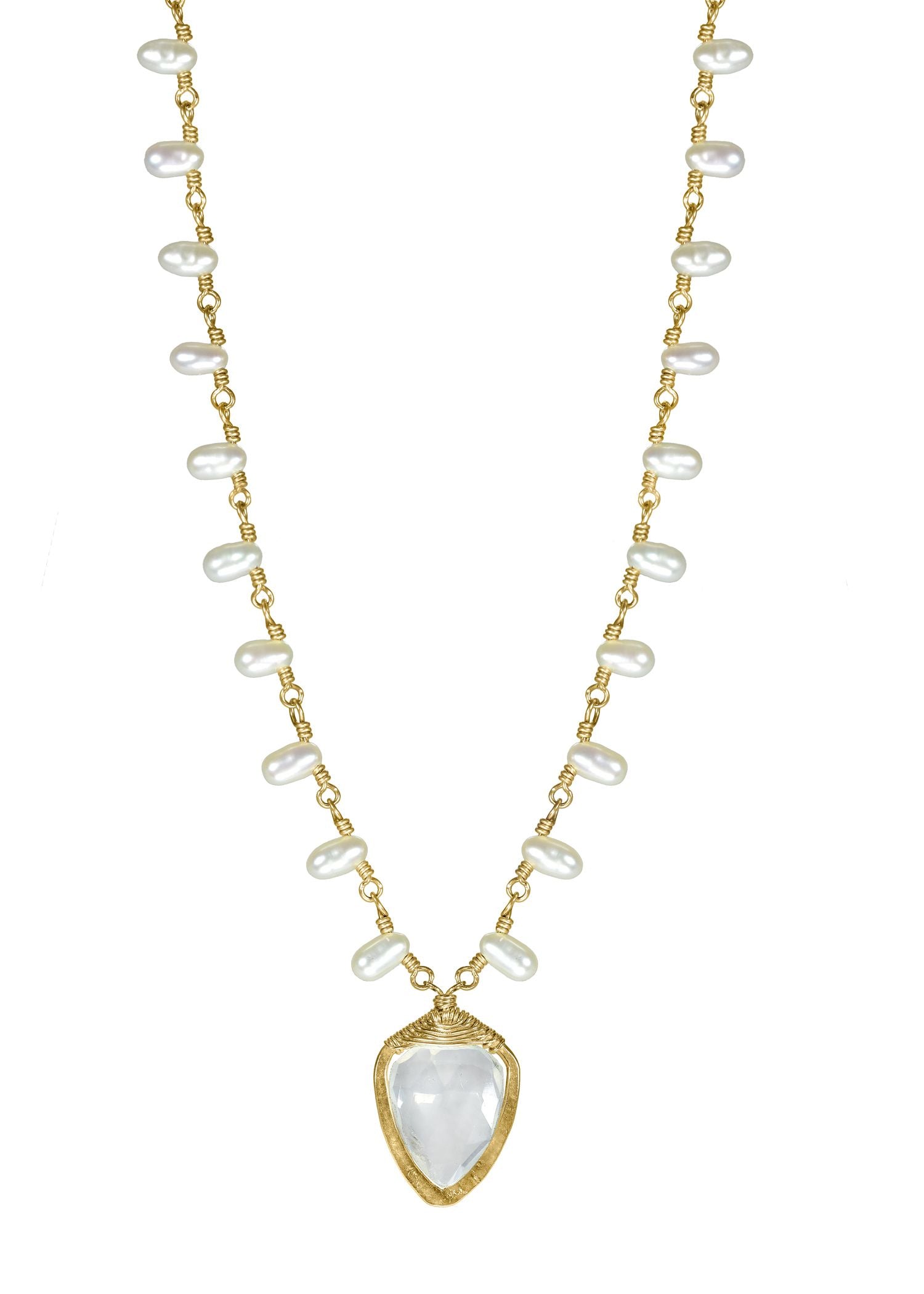 Moonstone necklace with freshwater pearls on hand wire-wrapped 14k gold fill chain and faceted white moonstone pendant.