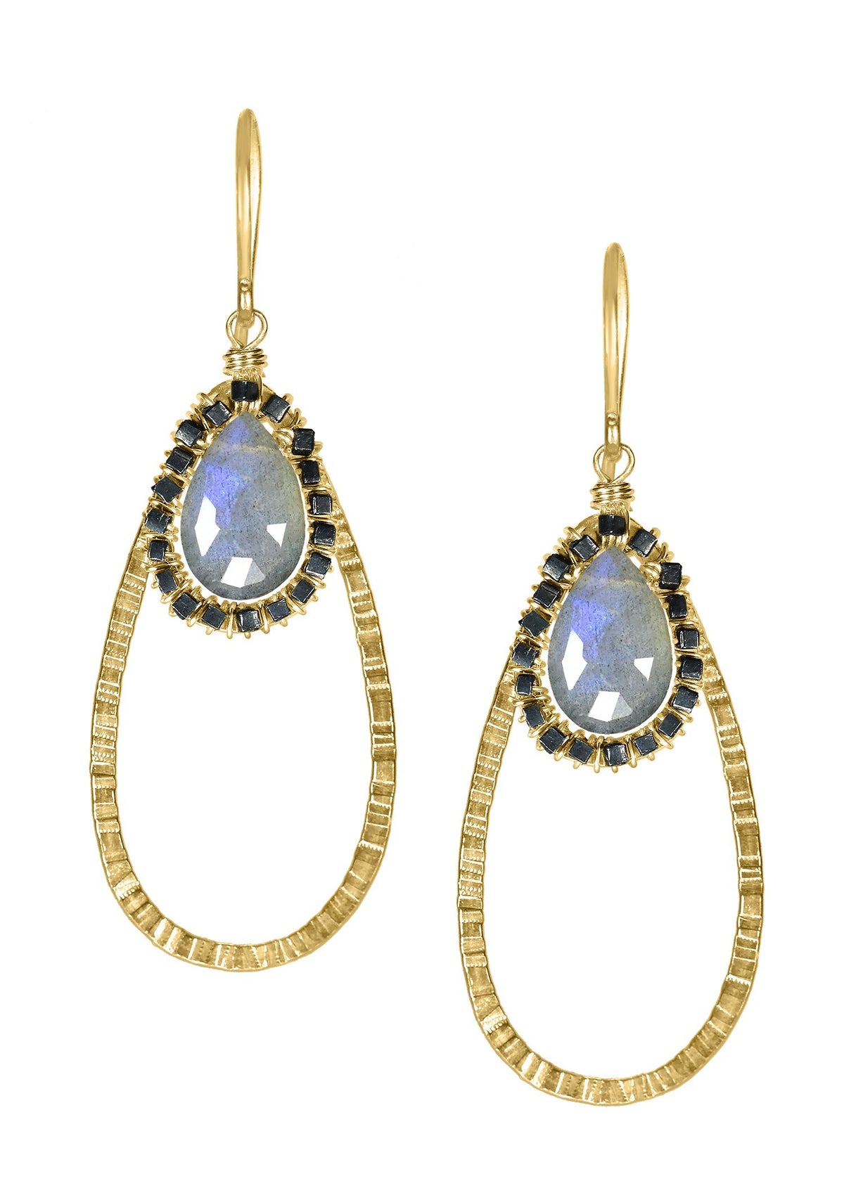 Labradorite earrings in 14k gold fill and blackened sterling silver with hand wire-wrapped teardrop and open oval shapes.