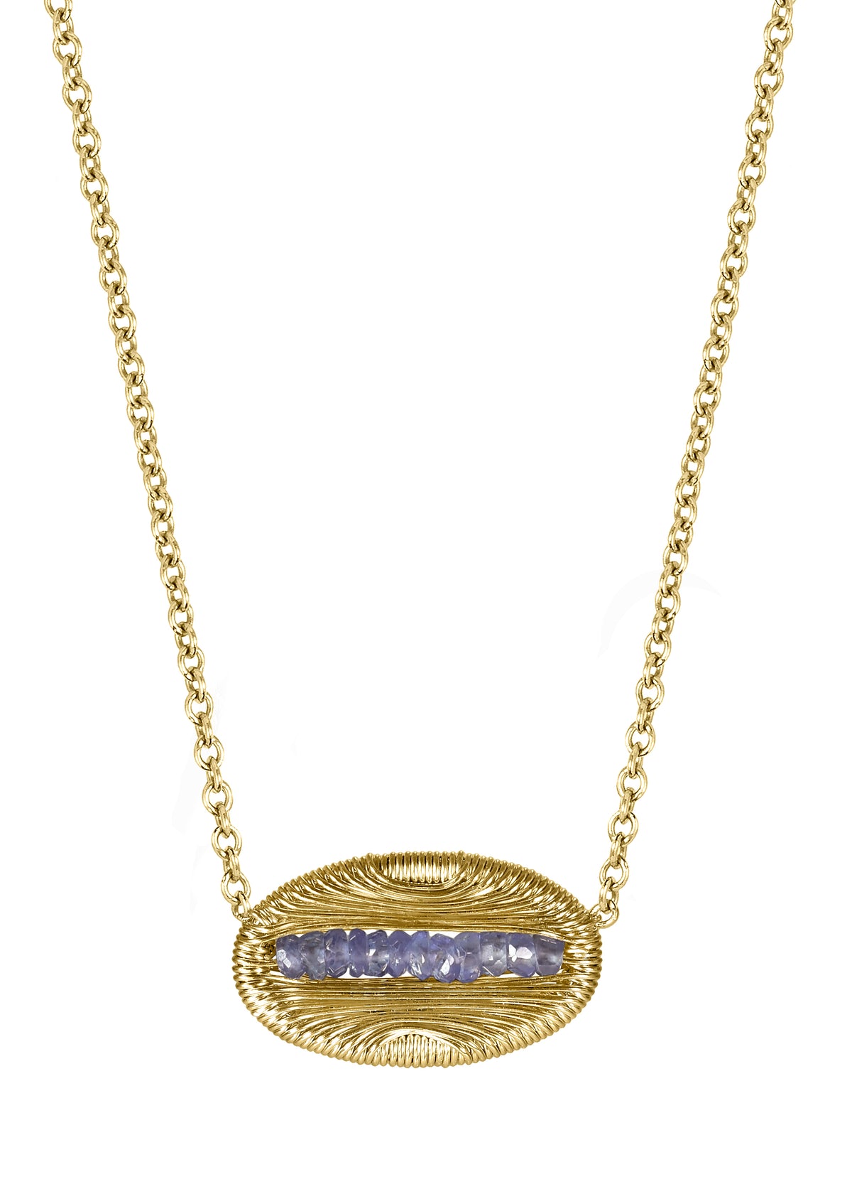 Blue sapphire necklace in 14k gold fill with a hand wire-wrapped oval pendant on a delicate chain.