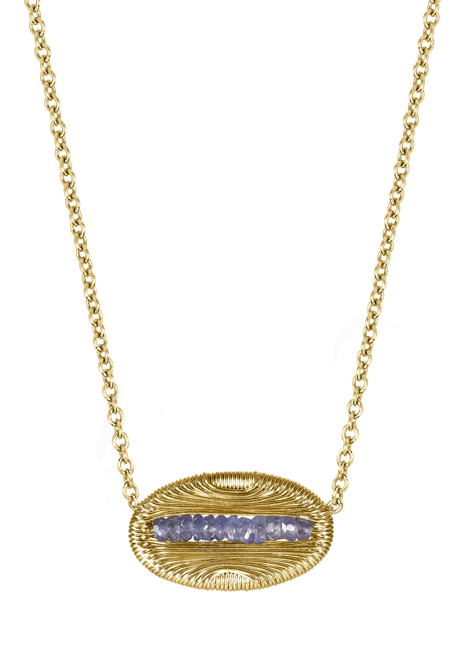 Blue sapphire necklace in 14k gold fill with a hand wire-wrapped oval pendant on a delicate chain.