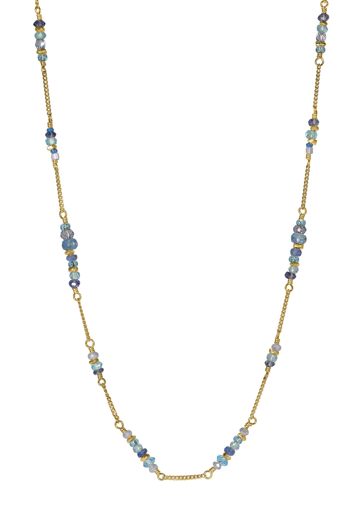Paros Mix necklace featuring aquamarine, sapphire, iolite, apatite, and blue quartz on 14k gold fill hand wire-wrapped chain.