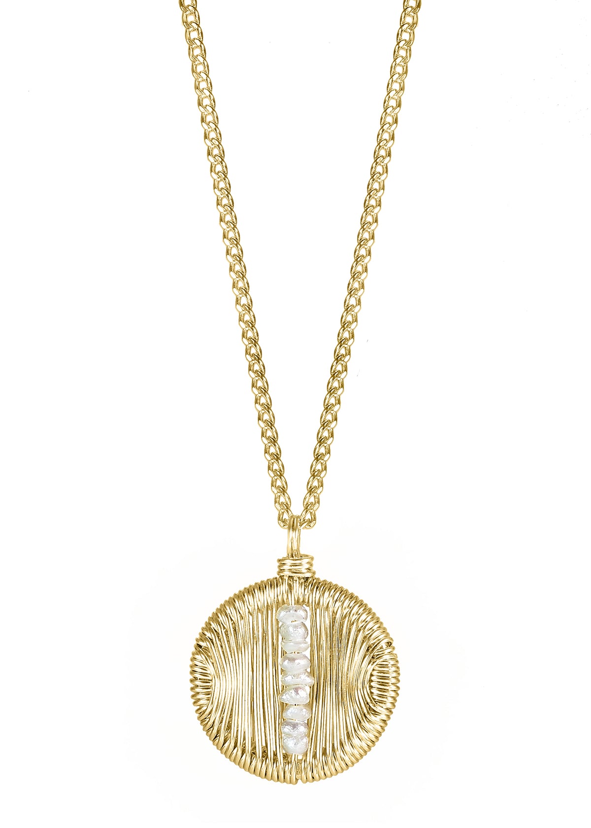 Freshwater pearl necklace in 14k gold fill with a hand wire-wrapped round button pendant on a 16-inch chain.