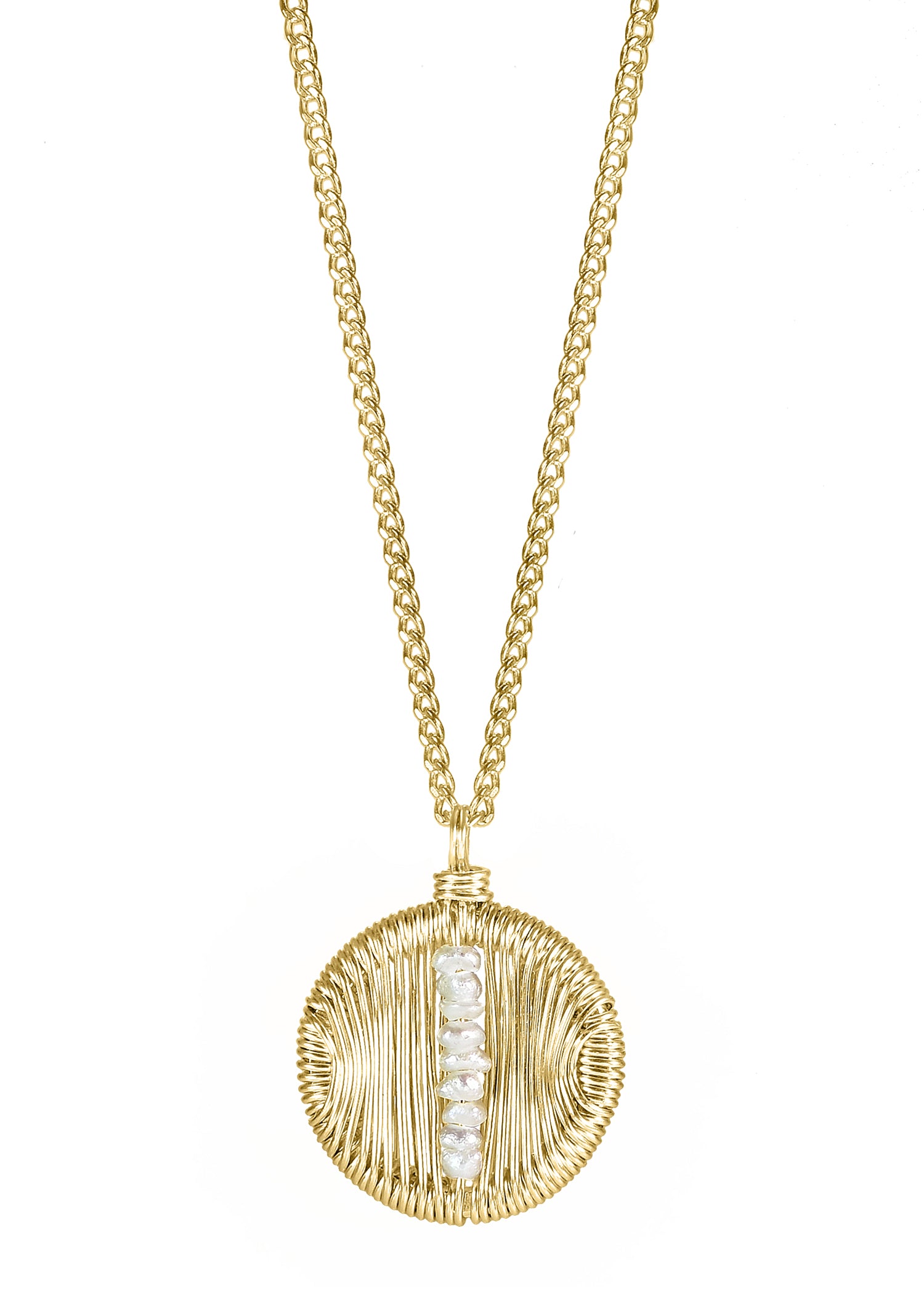 Freshwater pearl necklace in 14k gold fill with a hand wire-wrapped round button pendant on a 16-inch chain.