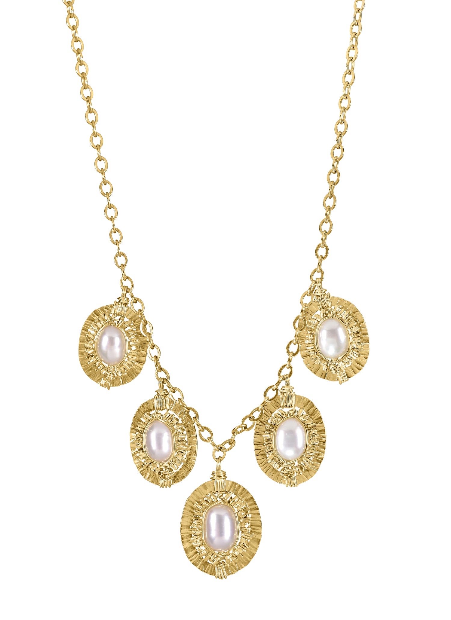 Freshwater pearl bib necklace with 14k gold fill hand-textured frames and chain, measuring 18 inches in length.