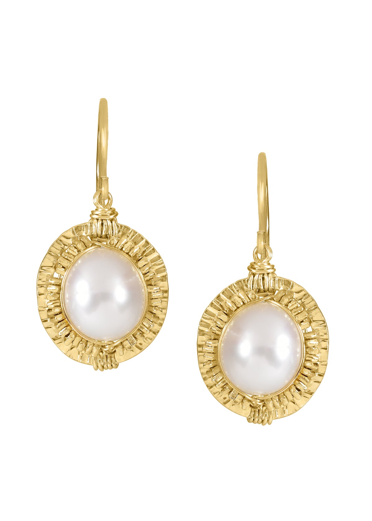 Freshwater pearl earrings with 14k gold fill, featuring hand wire-wrapped textured round settings on ear wires.