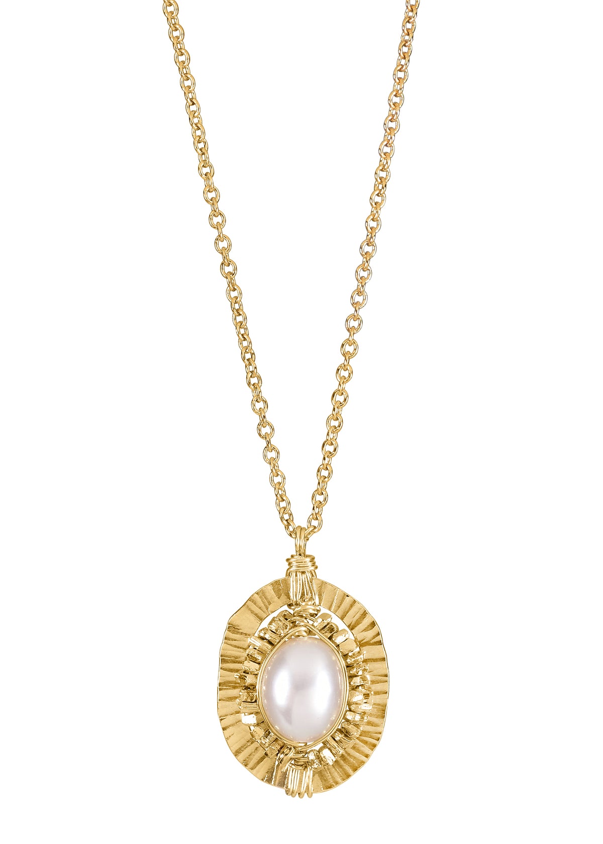 Freshwater pearl necklace with a hand wire-wrapped 14k gold fill textured oval frame on a 17-inch chain.