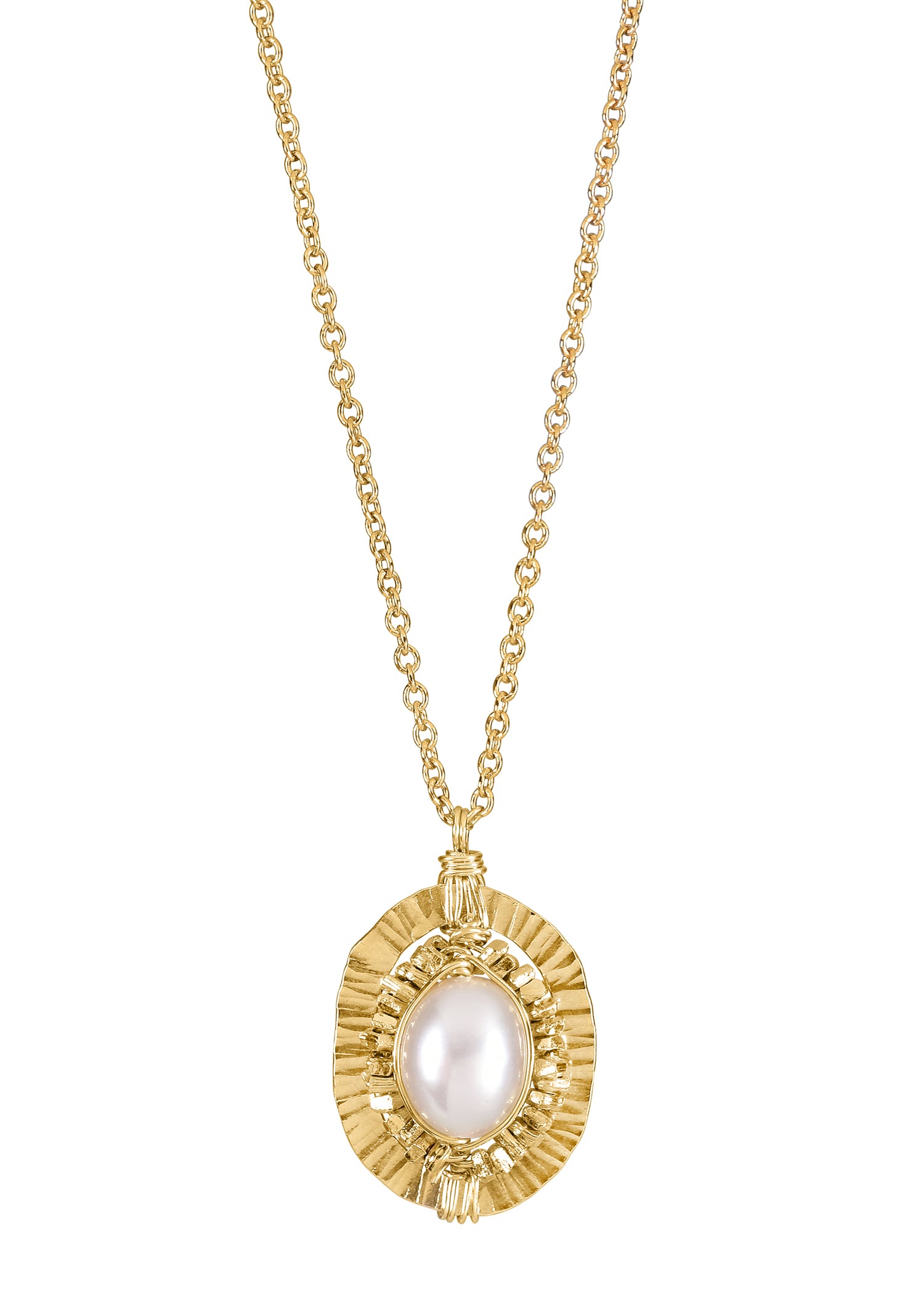 Freshwater pearl necklace with a hand wire-wrapped 14k gold fill textured oval frame on a 17-inch chain.