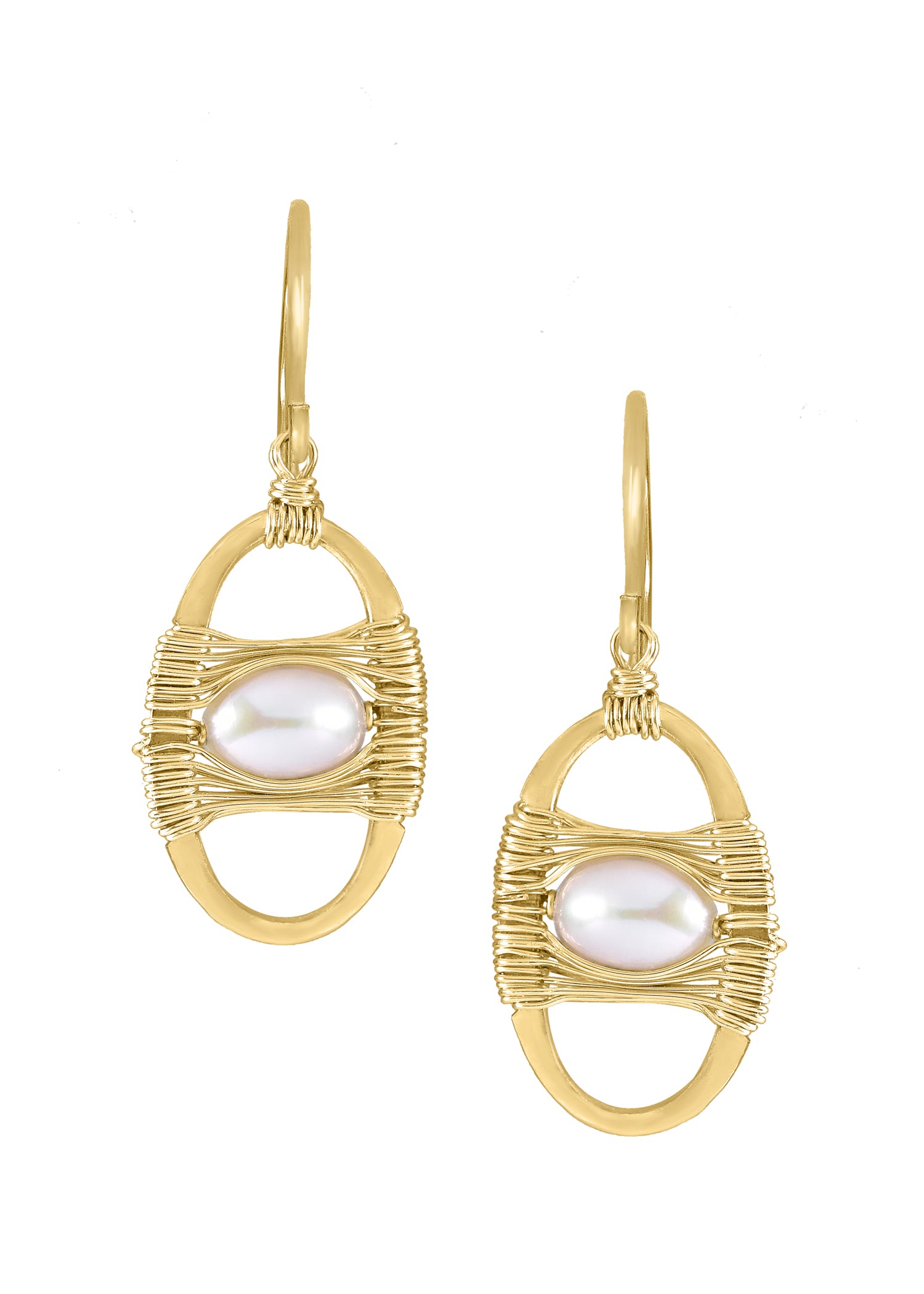 Freshwater pearl earrings in 14k gold fill with hand wire-wrapped oval frames and gold ear wires.