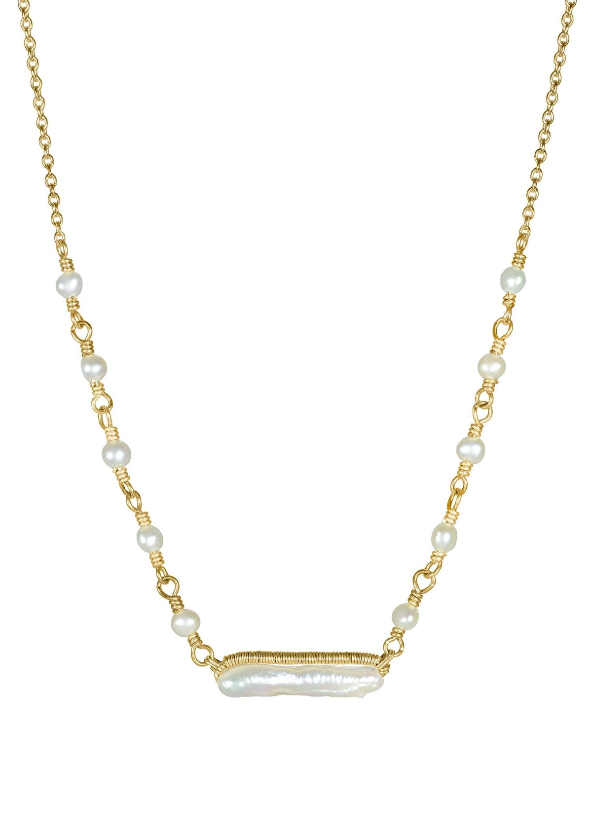 Freshwater pearl necklace in 14k gold fill featuring a hand wire-wrapped stick pendant and pearl-linked chain.